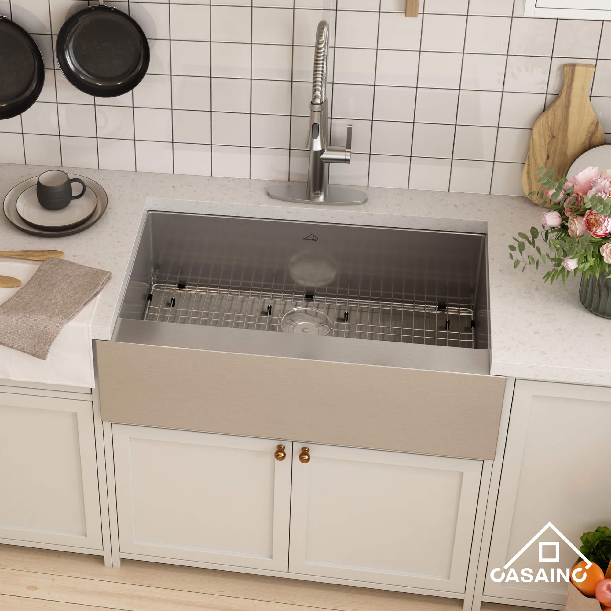 30"/33"/36" Premium All-in-One Deep Basin 304 Stainless Steel Kitchen Sink with Drain Rack,Golden R10 Radius, Smart Drainage, Noise Reduction Features,Innovative X-Shaped Drainage Steel Sink