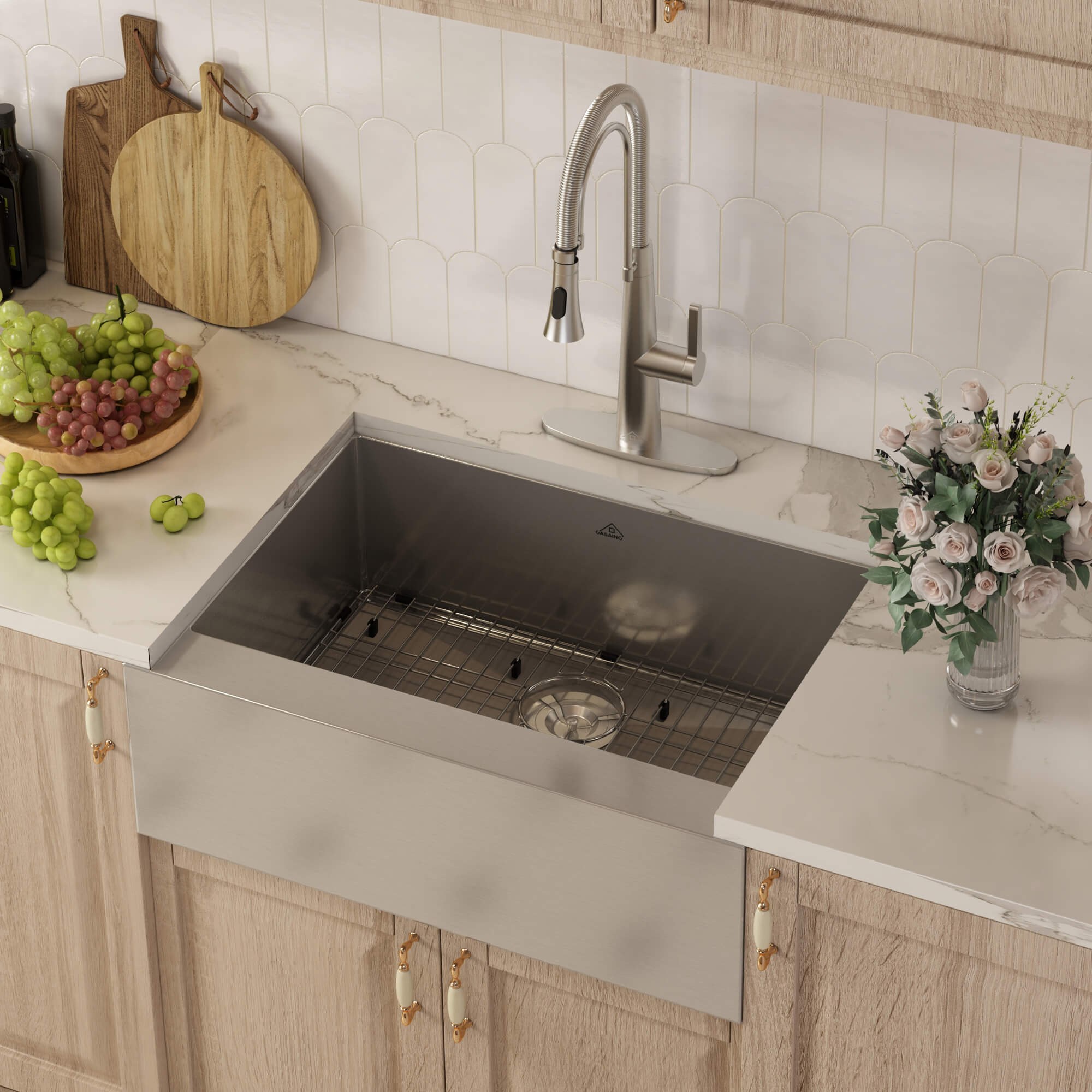 30"/33"/36" Premium All-in-One Deep Basin 304 Stainless Steel Kitchen Sink with Drain Rack,Golden R10 Radius, Smart Drainage, Noise Reduction Features,Innovative X-Shaped Drainage Steel Sink