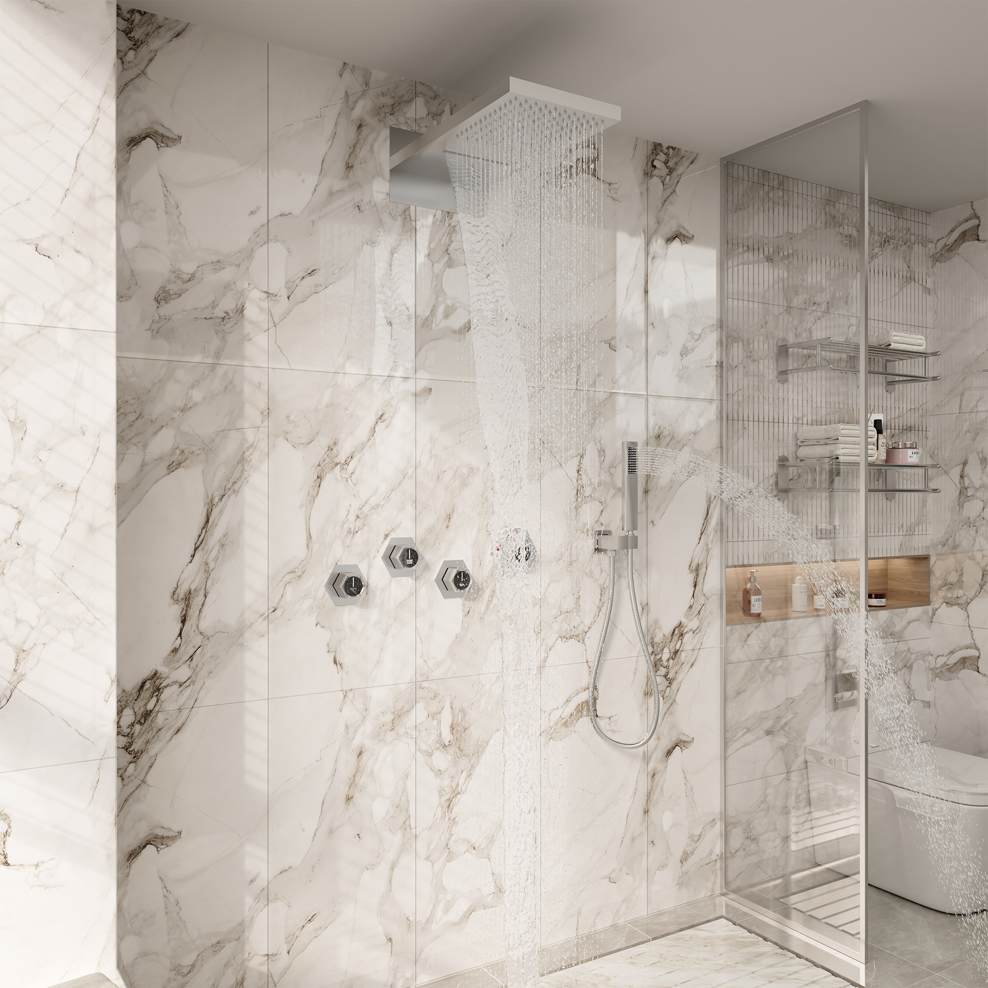 22" Wall-Mount Thermostatic Shower System with 64-Color LED & Built-In Music