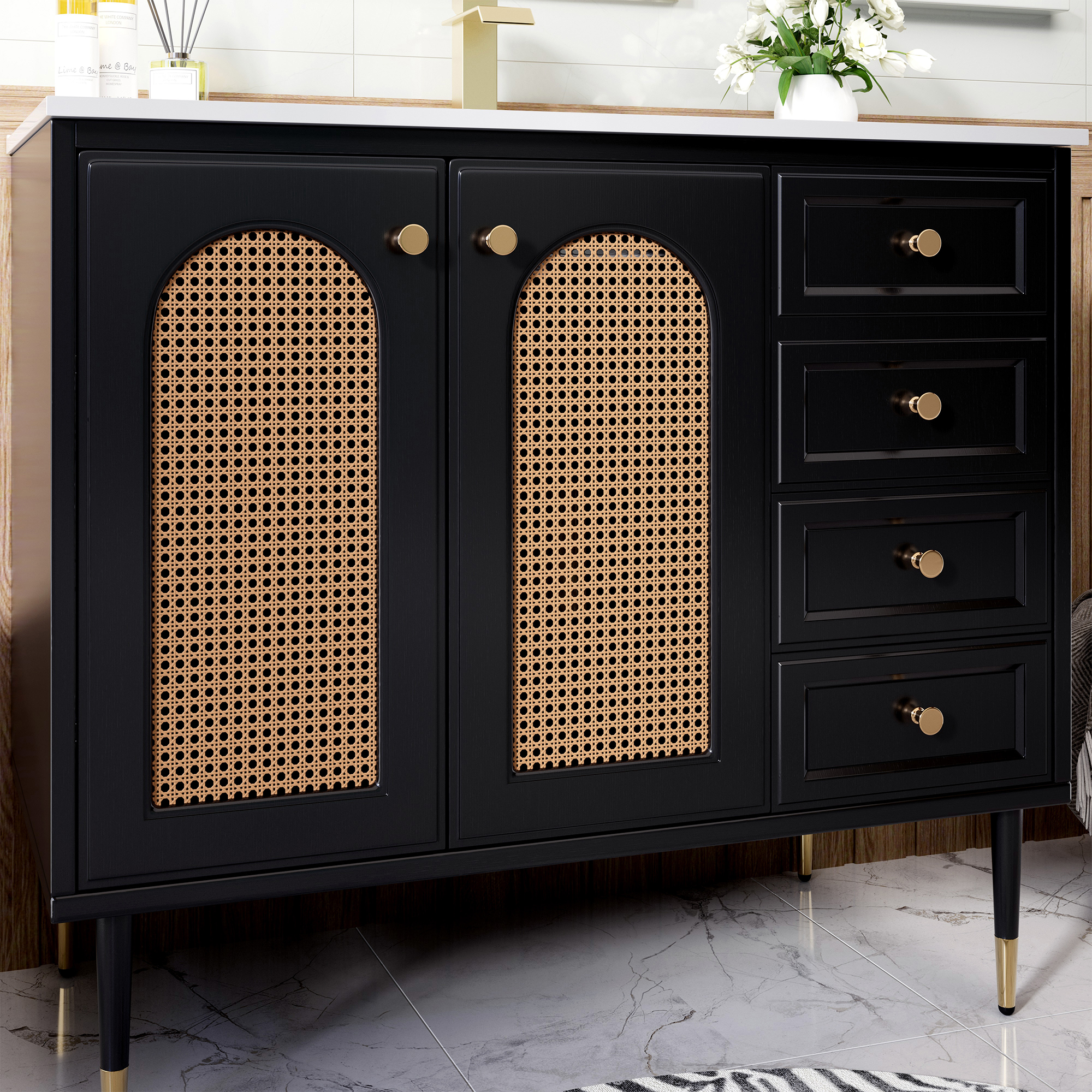 36" Bathroom Vanity with Ceramic Basin and Rattan Double Door Cabinet