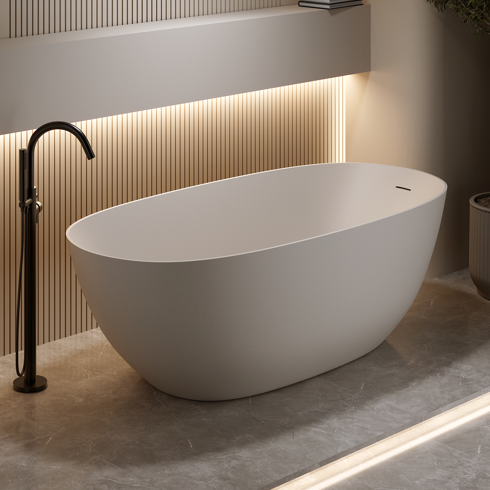 57"/61"/65"/69" Minimalist Solid Surface Freestanding Bathtub in Pine Crest and Shadow Whisper