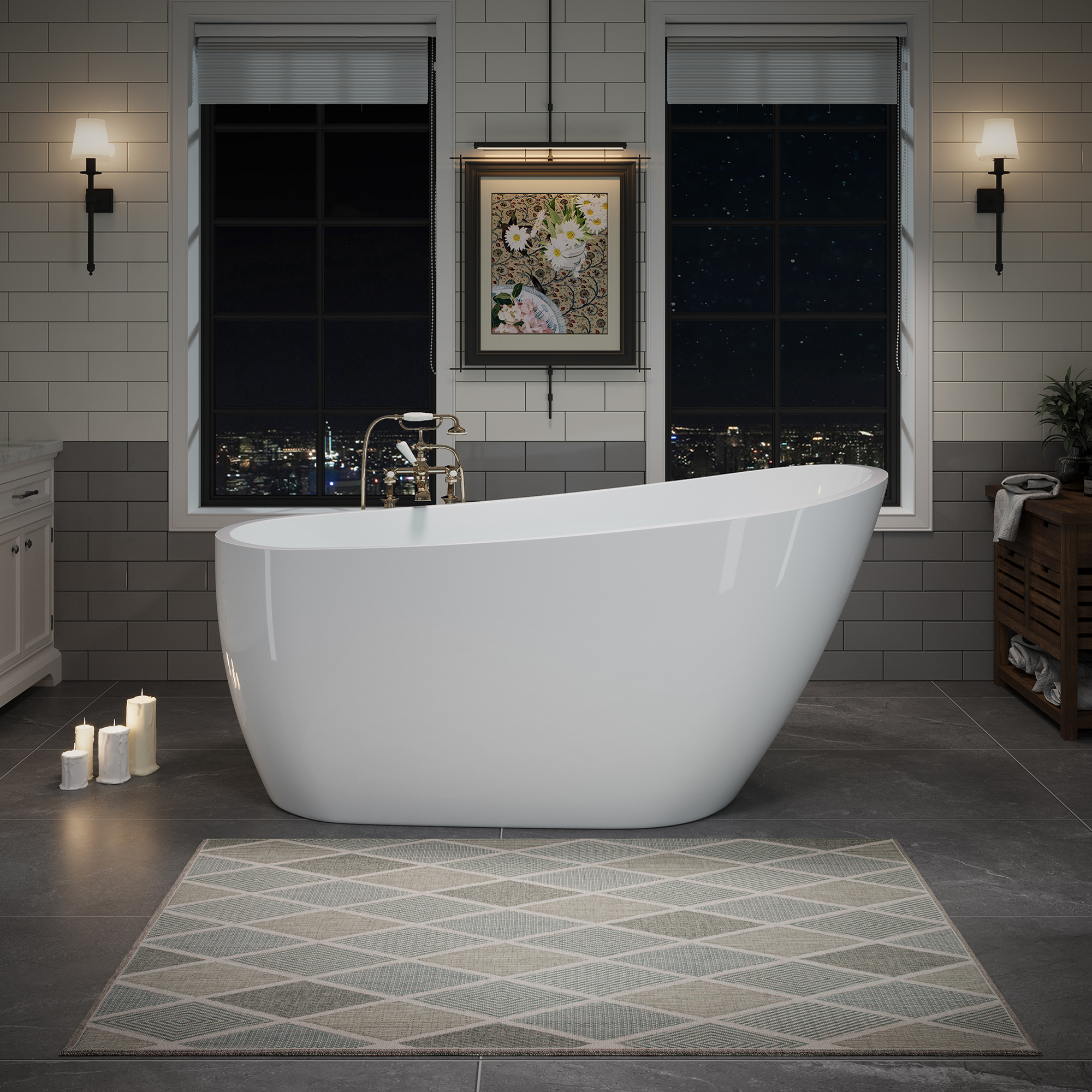 59" Glossy White Acrylic Freestanding Soaking Bathtub with Pop-Up Drain and Integrated Overflow