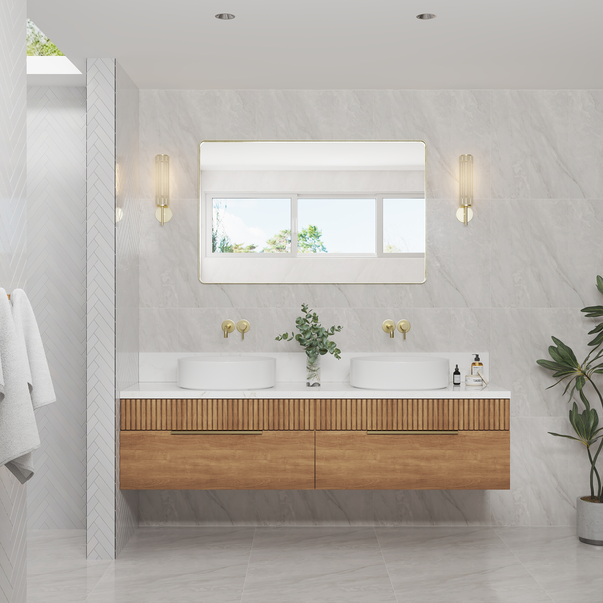 Tempered Glass Wall-Mounted Mirror with Gold Metal Frame