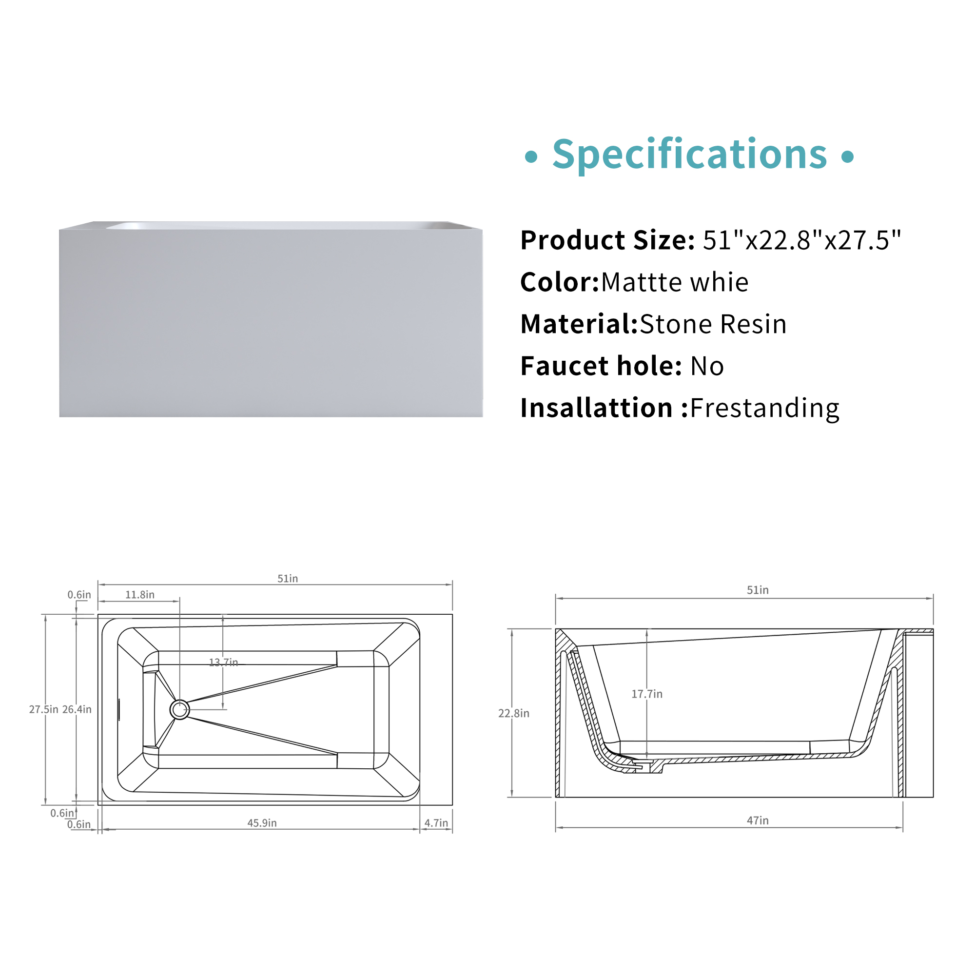 51" Modern Freestanding Stone Resin Soaking Bathtub in Matte White