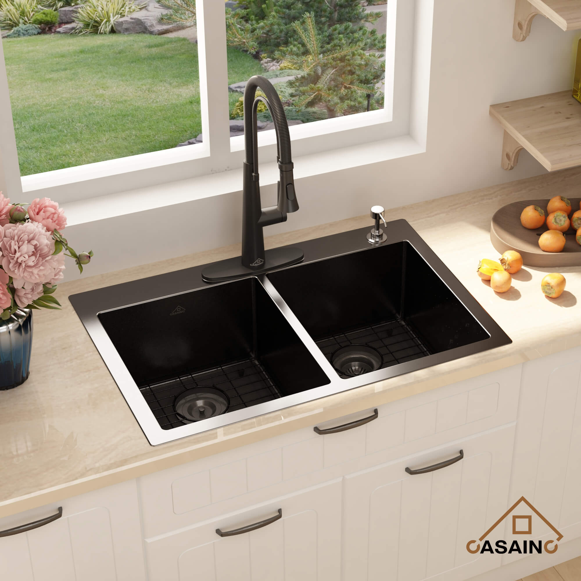 33" Efficient Double Basin 304 Stainless Steel Double Basin Sink with Nano-Coating for Easy Cleaning, Quick Drainage, Silent Operation, PVD Technology, X-Type Drainage