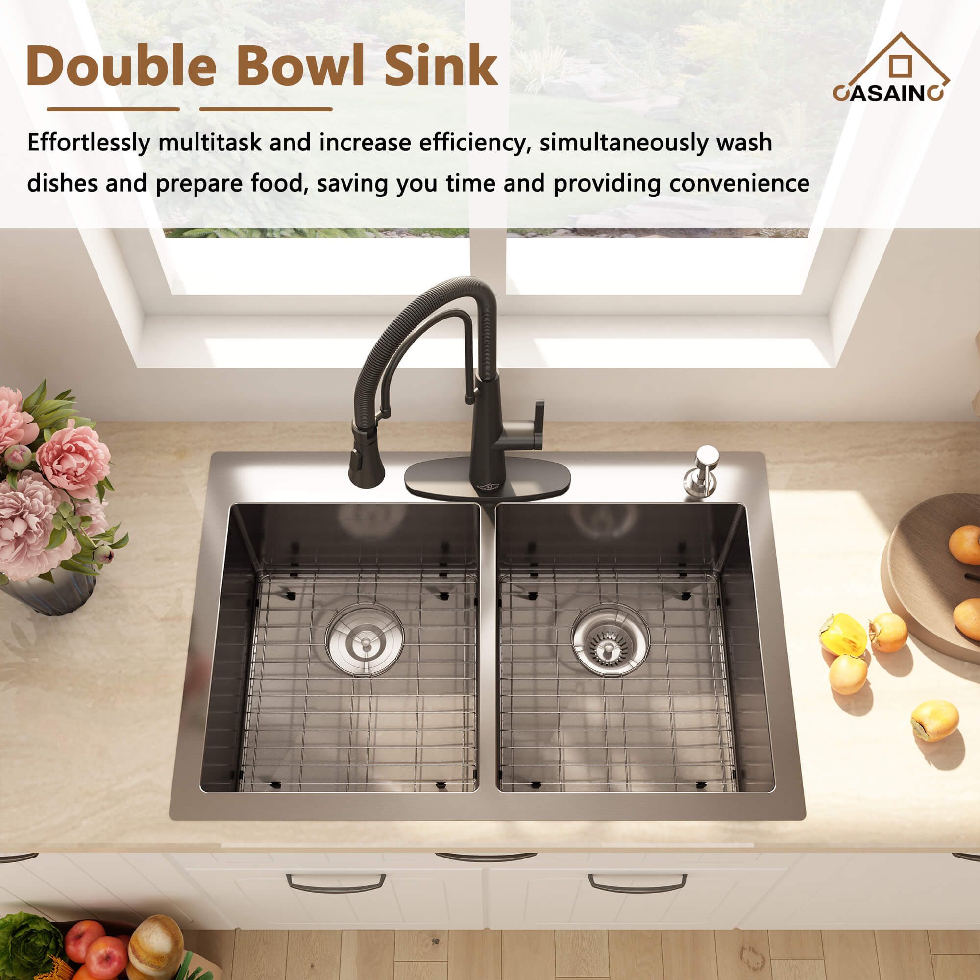33" Efficient Double Basin 304 Stainless Steel Double Basin Sink with Nano-Coating for Easy Cleaning, Quick Drainage, Silent Operation, PVD Technology, X-Type Drainage