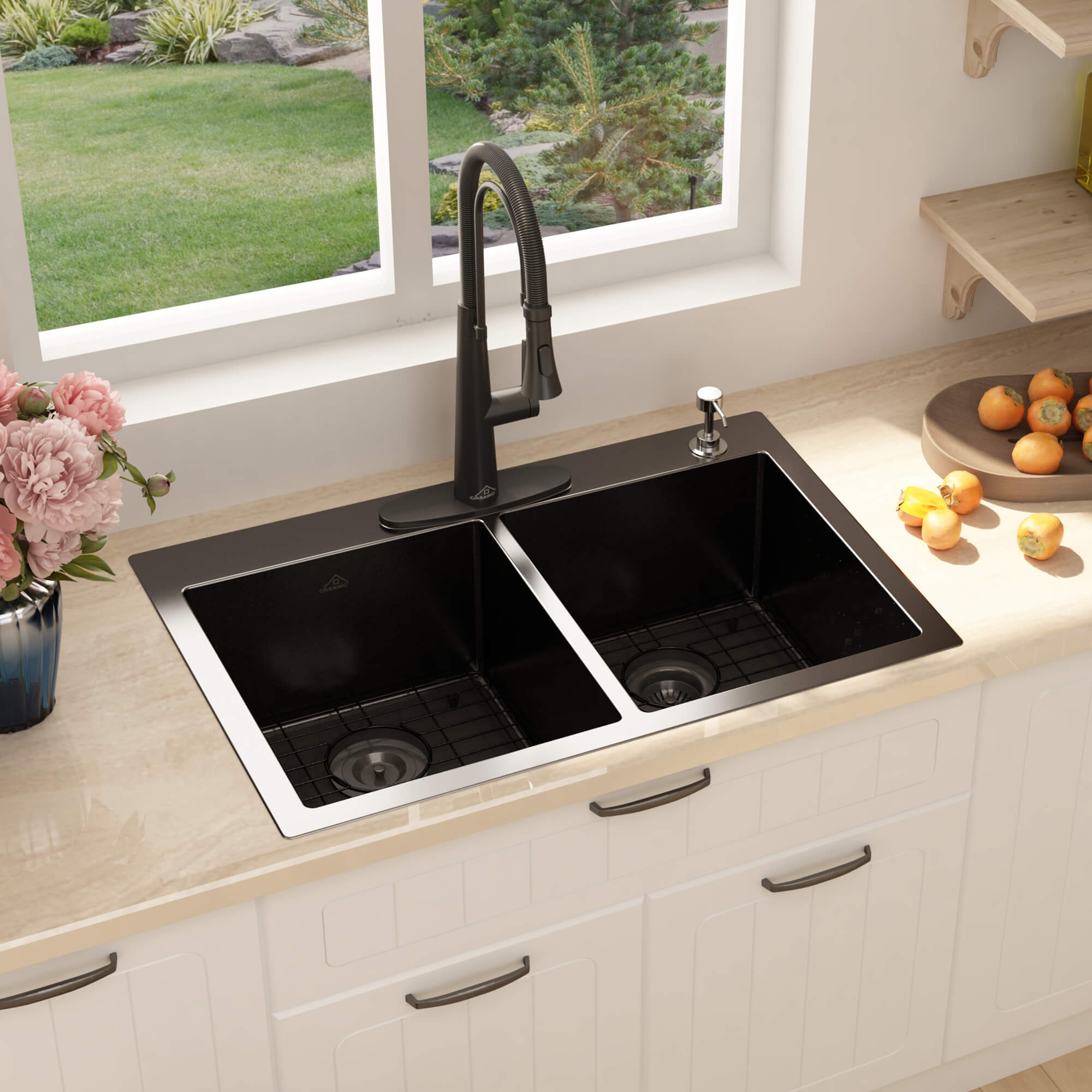 33" Efficient Double Basin 304 Stainless Steel Double Basin Sink with Nano-Coating for Easy Cleaning, Quick Drainage, Silent Operation, PVD Technology, X-Type Drainage