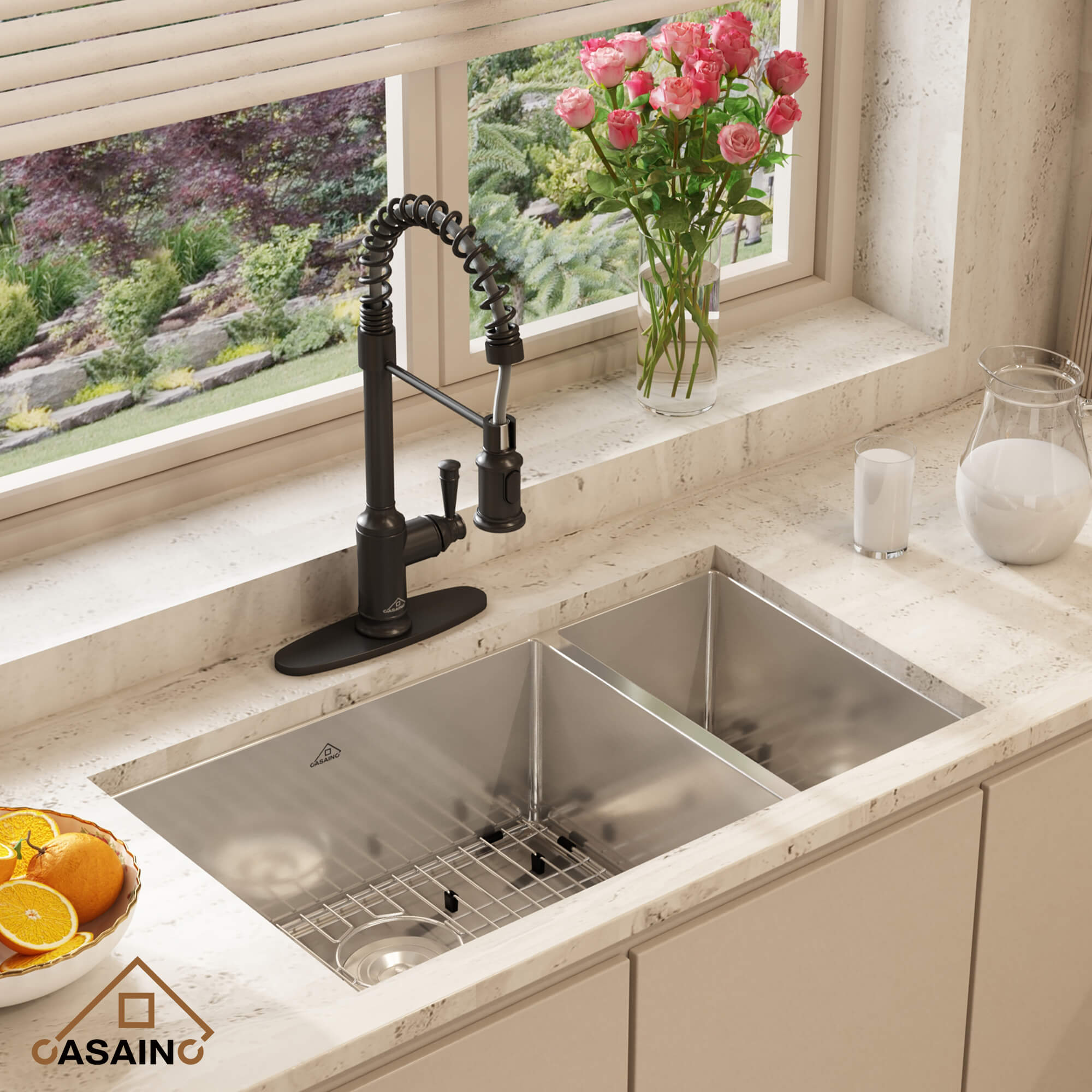 33" Golden R10 Tight Radius Stainless Steel Sink & Single-Handle Spring Pull-Out Kitchen Faucet