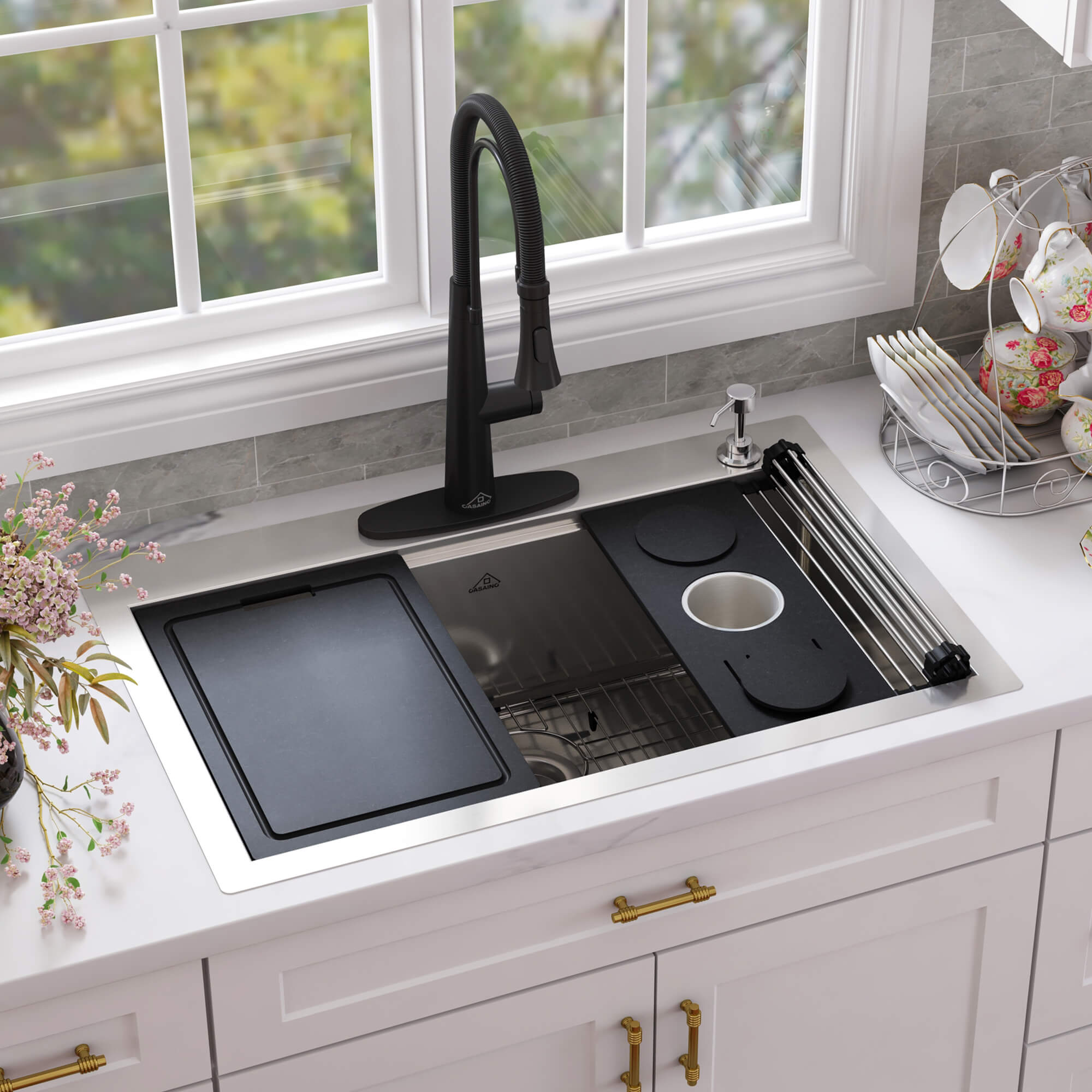 33" Golden R10 Tight Radius Stainless Steel Sink with Drainage Grid, Roll-up Rack, Two-Tiered Basin Design with Noise Reduction, with Scratch-Resistant, Oil-Repellent Surface