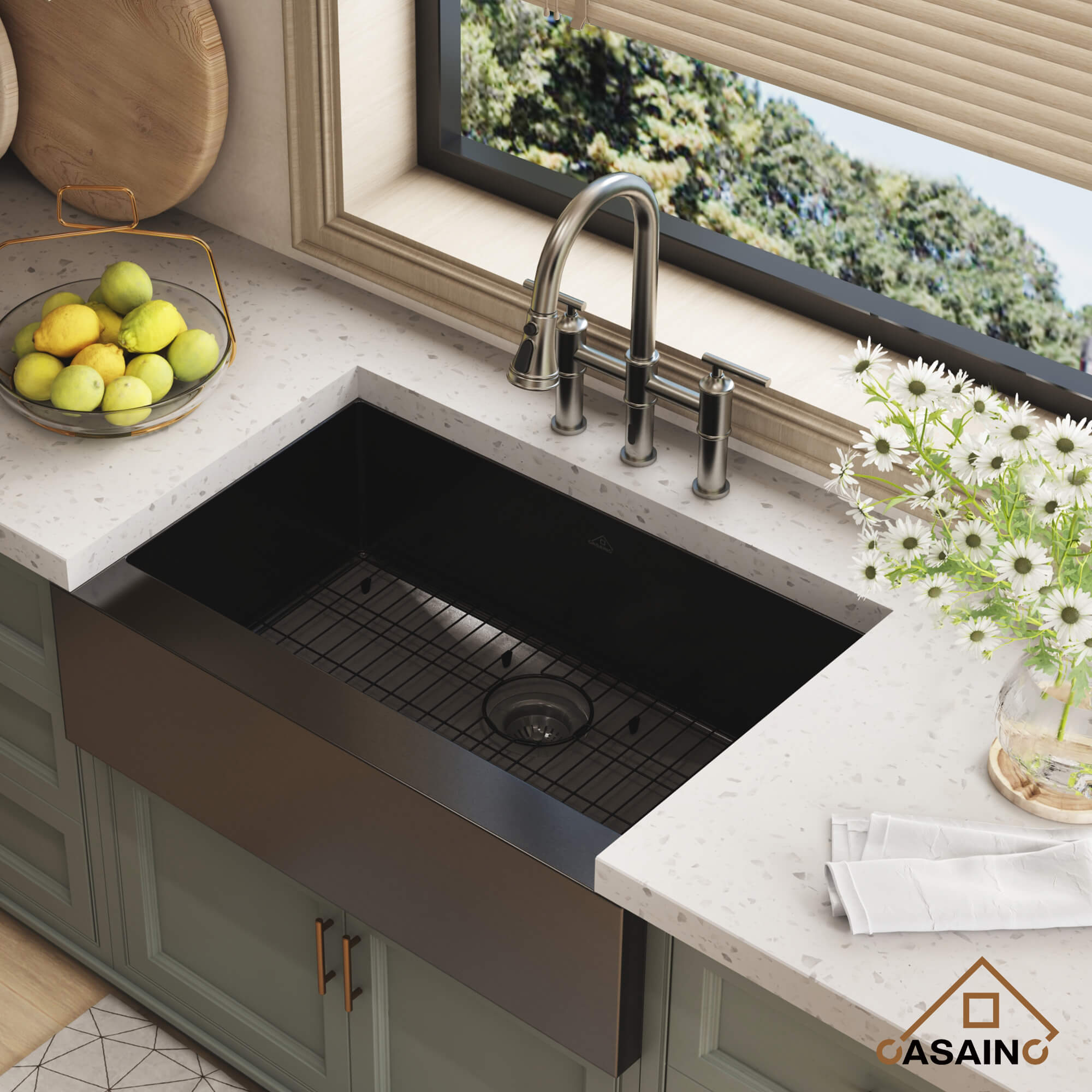 33" Premium 304 Stainless Steel Sink with PVD Finish & Double-Handle Kitchen Faucet with Pull-Out Sprayer
