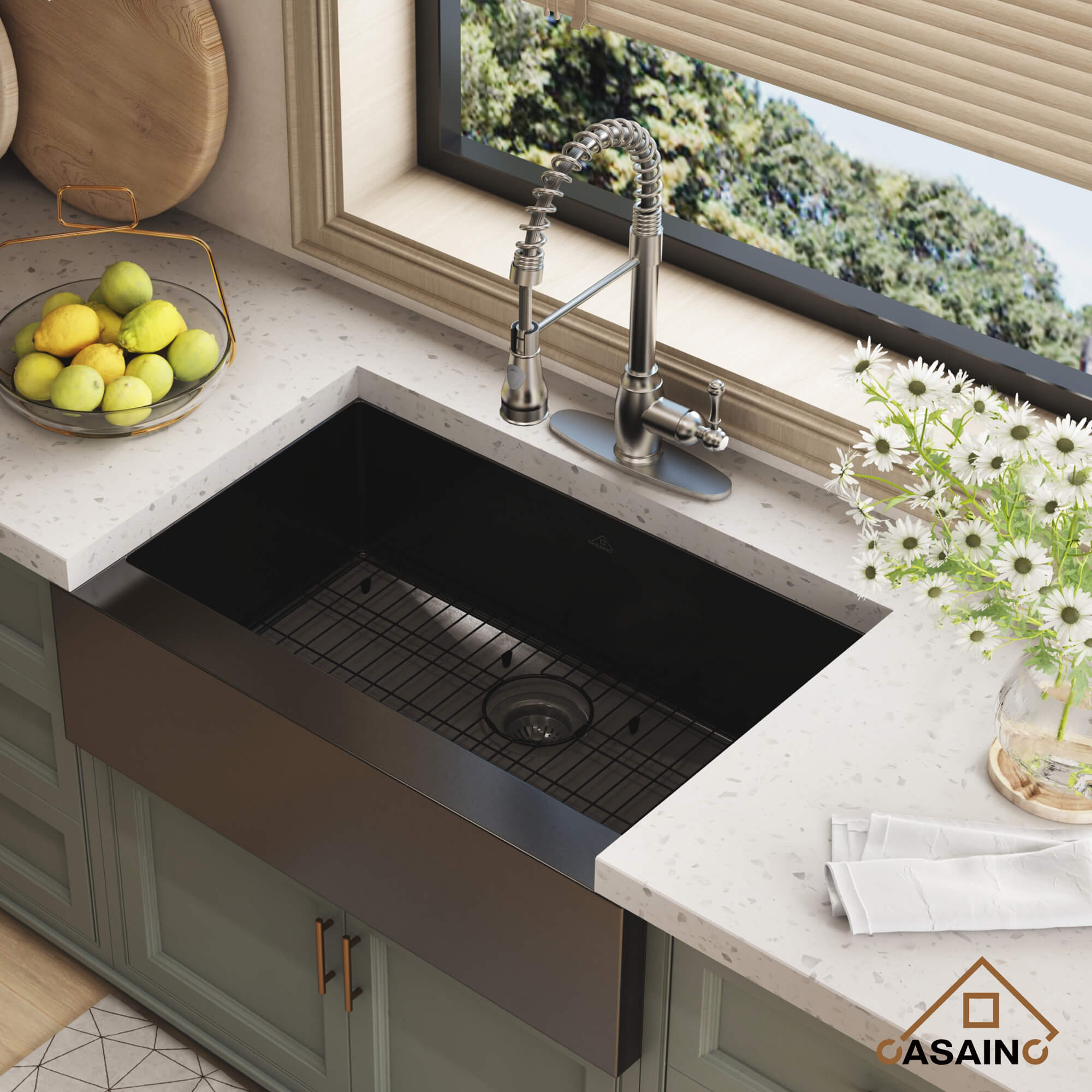 33" Premium 304 Stainless Steel Sink with PVD Finish & Single-Handle Spring  Kitchen Faucet with Pull-Out Sprayer