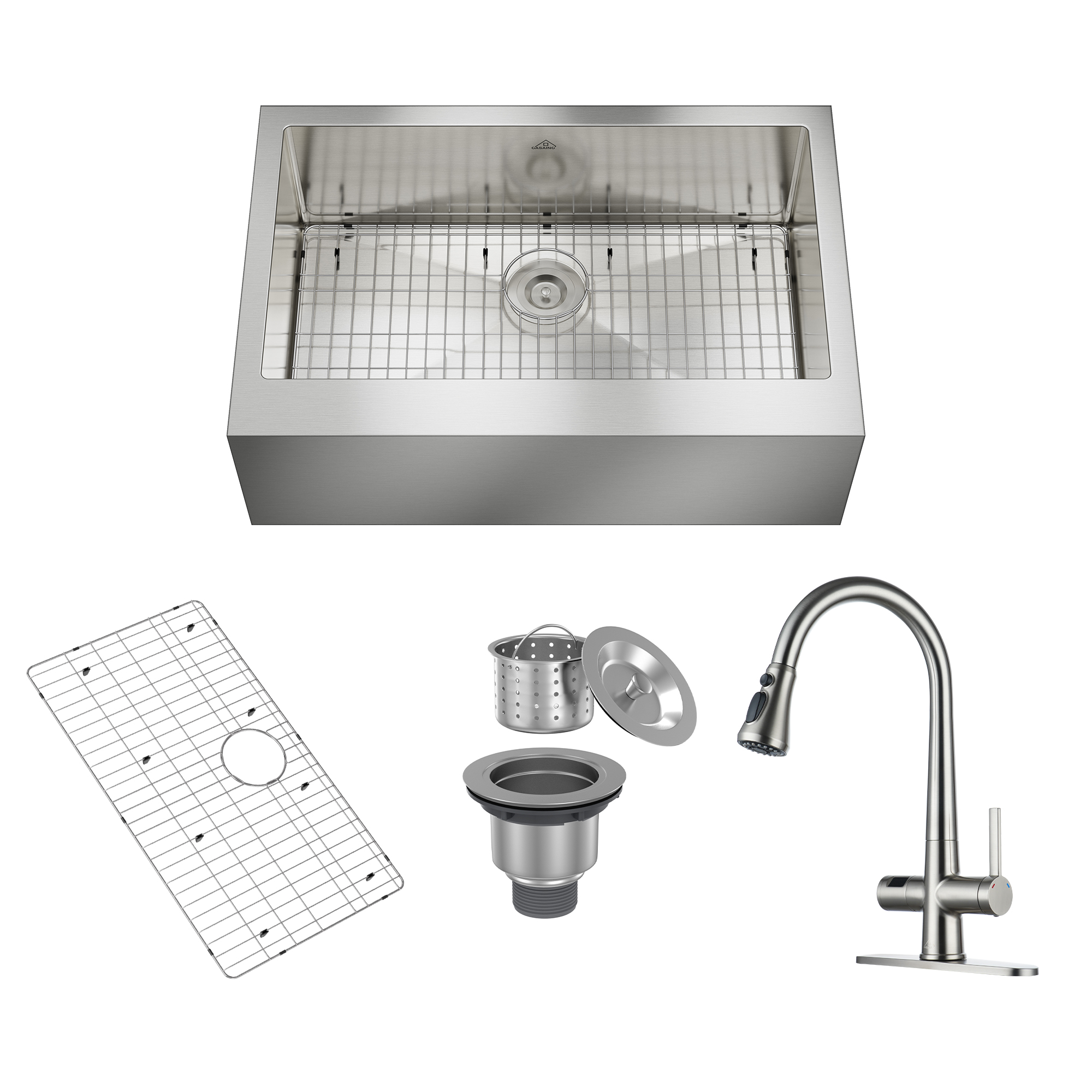 33" Premium All-in-One Deep Basin 304 Stainless Steel Kitchen Sink & Single-Handle Pull-Out Sprayer Kitchen Faucet with Digital Display