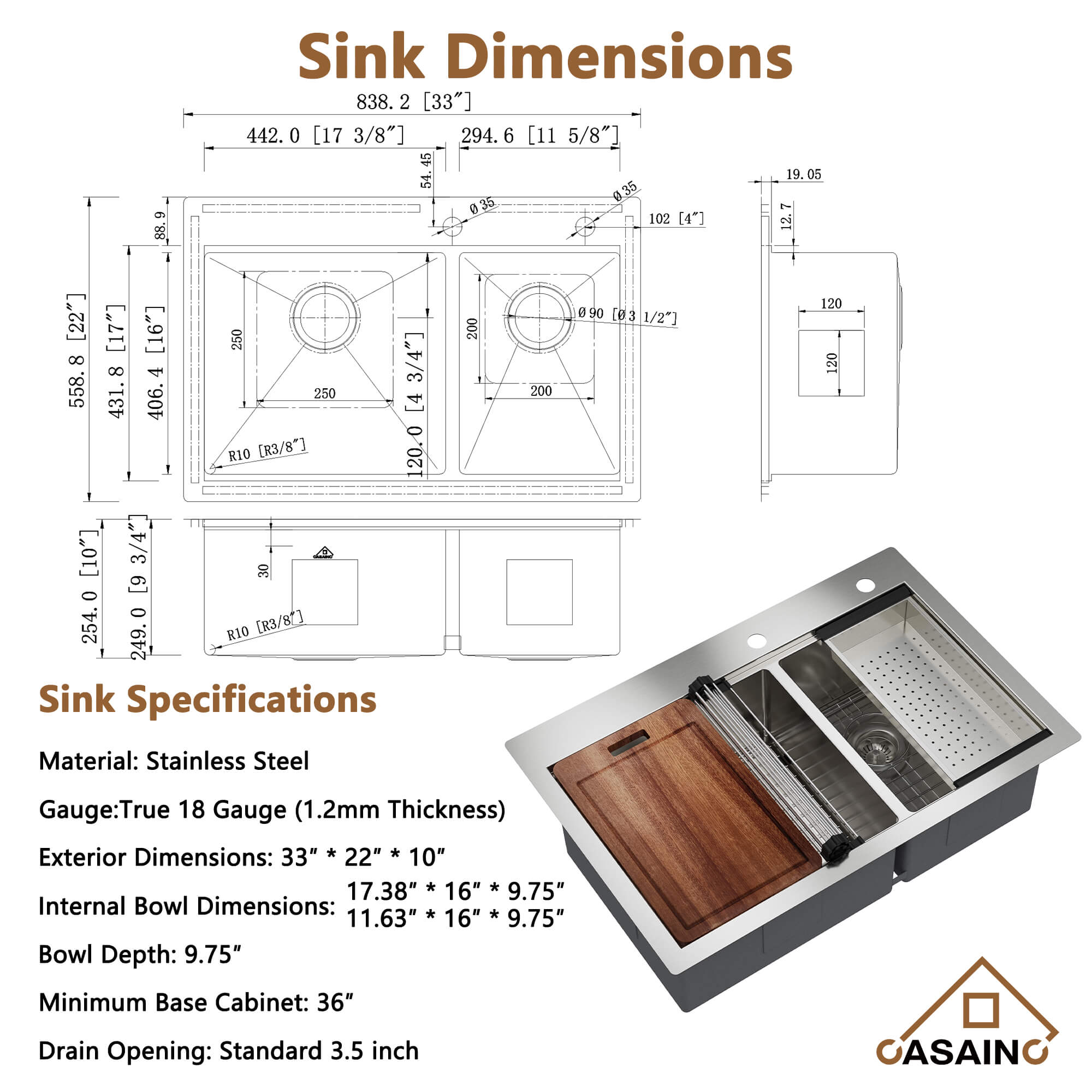 33" Two-tiered Workstation 304 Stainless Steel Sink, Fast Drainage,Silent Noise Reductio, Golden R10 Tight Radius, Scratch-Resistant and Oil-Repellent