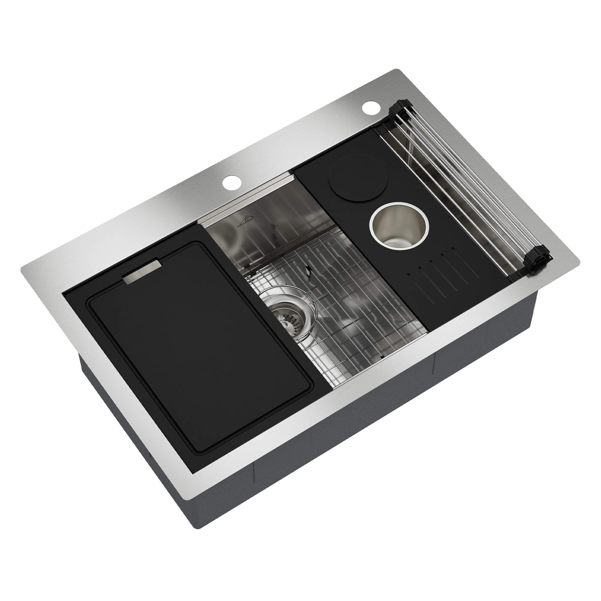 33" Golden R10 Tight Radius Stainless Steel Sink with Drainage Grid, Roll-up Rack, Two-Tiered Basin Design with Noise Reduction, with Scratch-Resistant, Oil-Repellent Surface