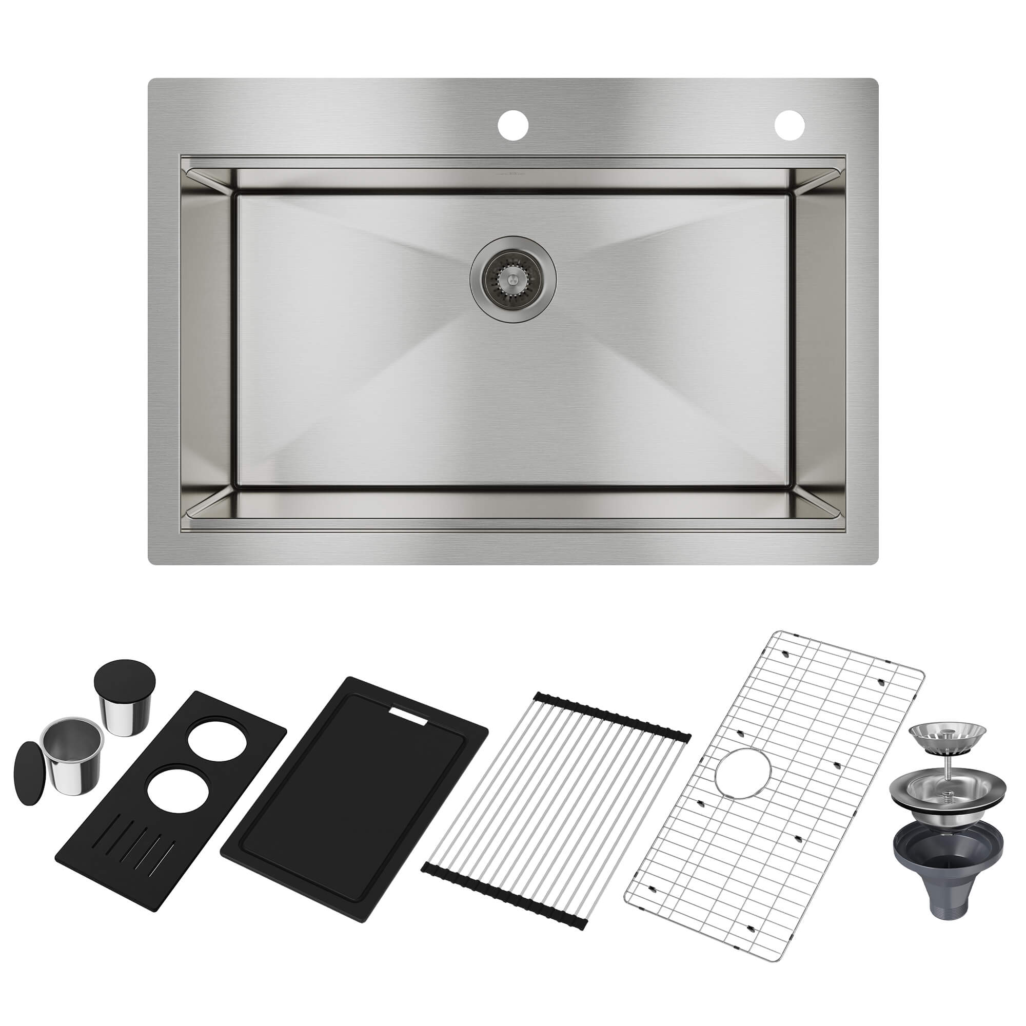 33" Golden R10 Tight Radius Stainless Steel Sink with Drainage Grid, Roll-up Rack, Two-Tiered Basin Design with Noise Reduction, with Scratch-Resistant, Oil-Repellent Surface