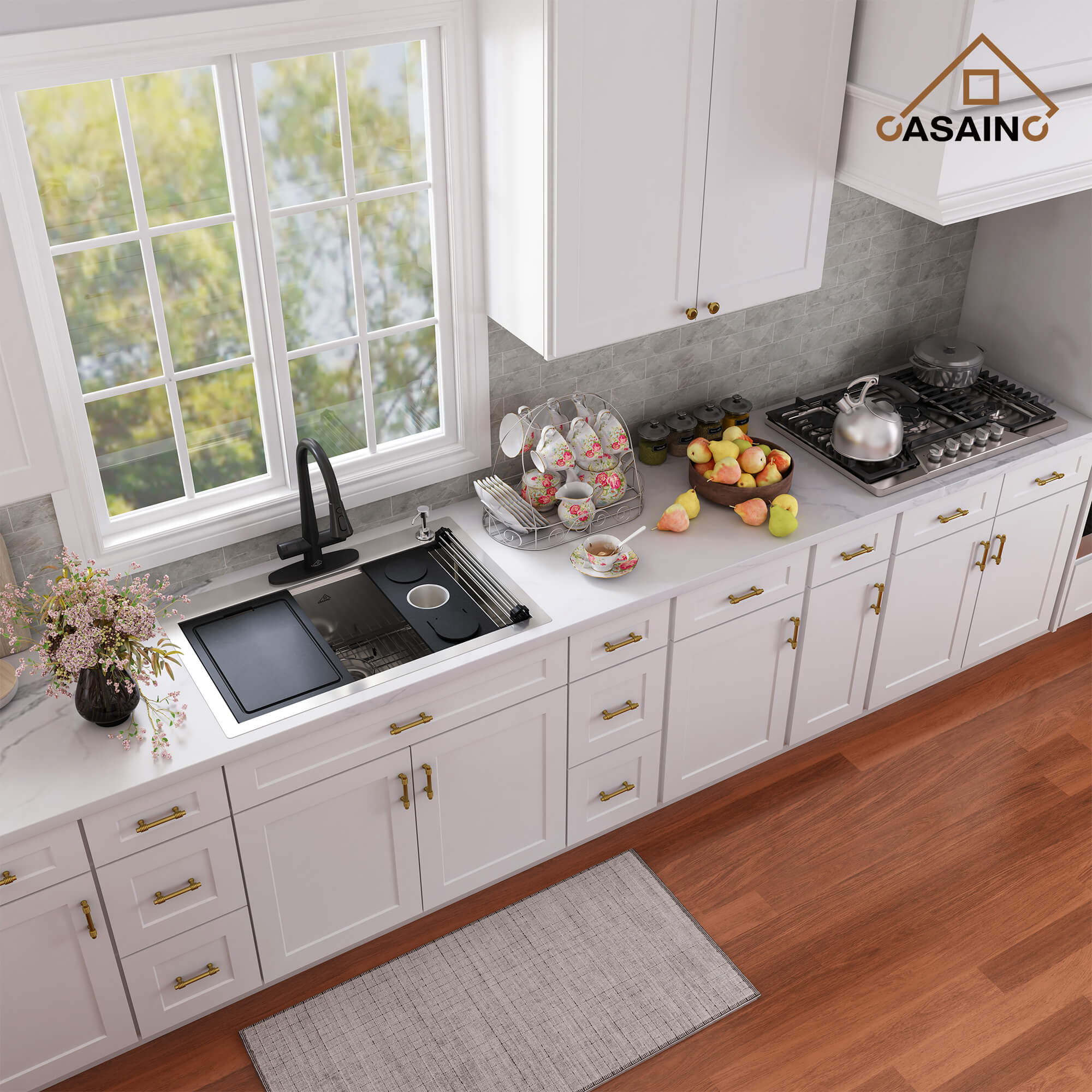 33" Golden R10 Tight Radius Stainless Steel Sink with Drainage Grid, Roll-up Rack, Two-Tiered Basin Design with Noise Reduction, with Scratch-Resistant, Oil-Repellent Surface