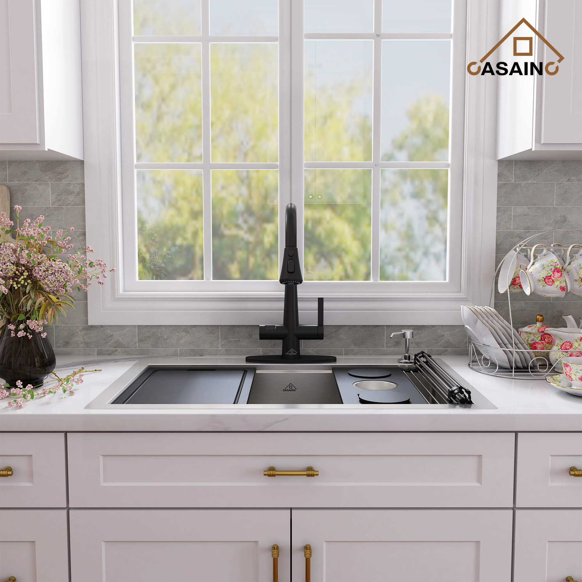 33" Golden R10 Tight Radius Stainless Steel Sink with Drainage Grid, Roll-up Rack, Two-Tiered Basin Design with Noise Reduction, with Scratch-Resistant, Oil-Repellent Surface