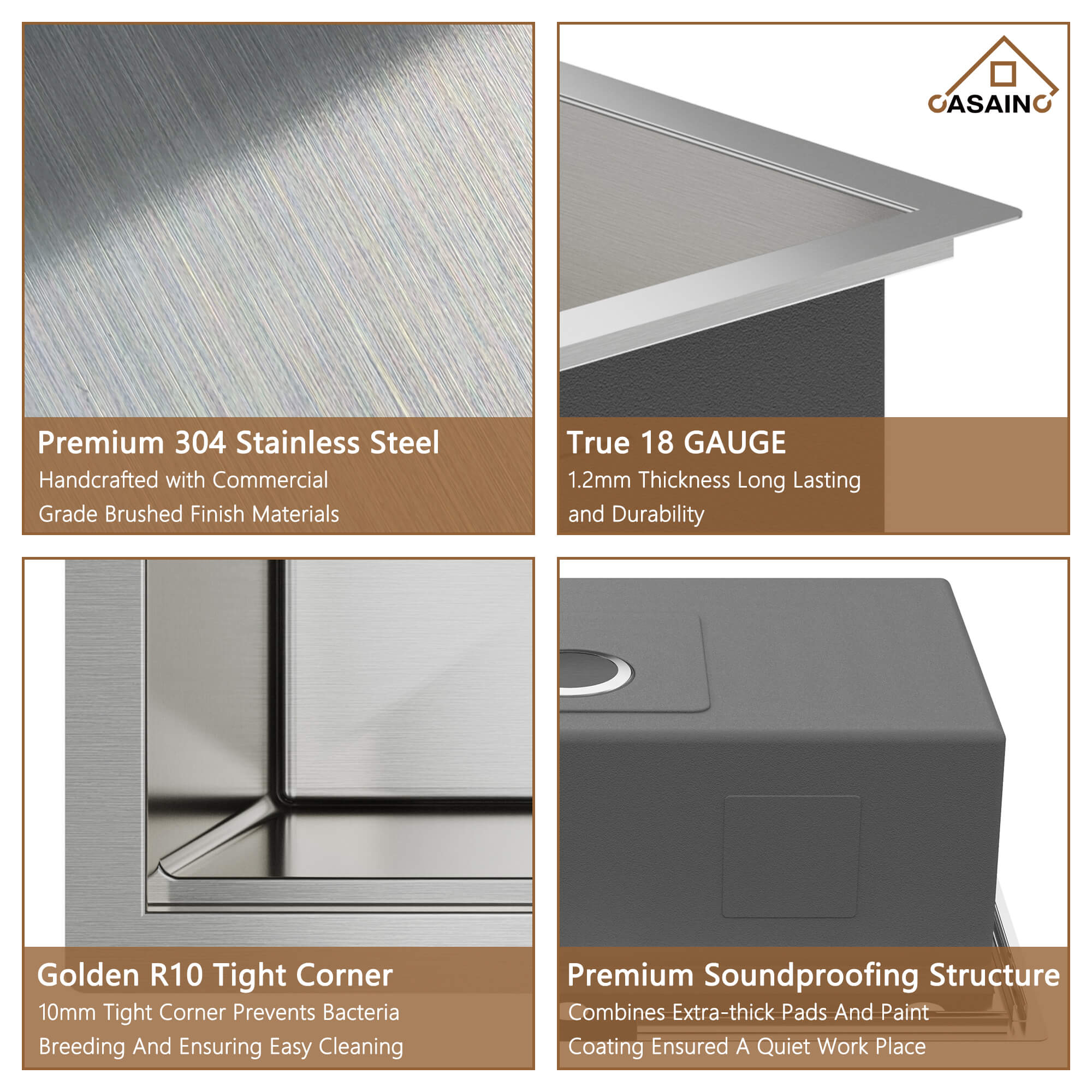 33" Golden R10 Tight Radius Stainless Steel Sink with Drainage Grid, Roll-up Rack, Two-Tiered Basin Design with Noise Reduction, with Scratch-Resistant, Oil-Repellent Surface