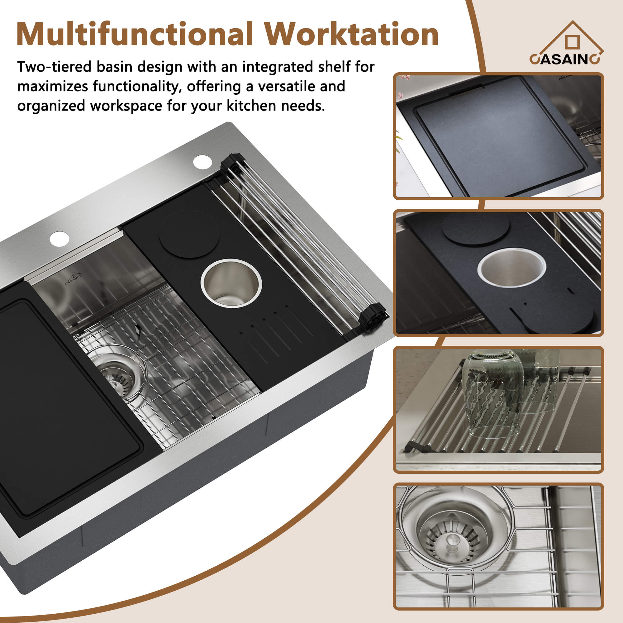 33" Golden R10 Tight Radius Stainless Steel Sink with Drainage Grid, Roll-up Rack, Two-Tiered Basin Design with Noise Reduction, with Scratch-Resistant, Oil-Repellent Surface