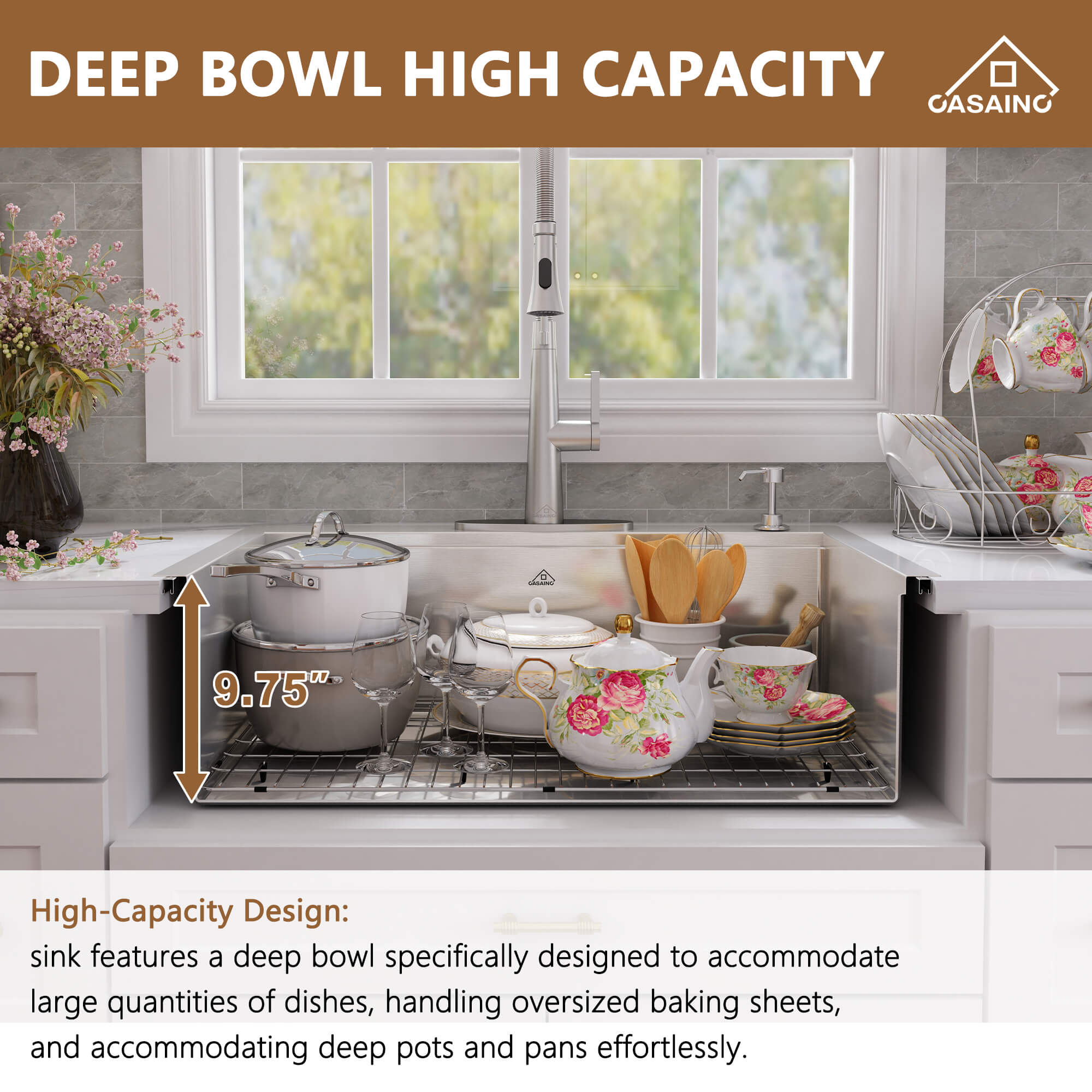 33" Golden R10 Tight Radius Stainless Steel Sink with Drainage Grid, Roll-up Rack, Two-Tiered Basin Design with Noise Reduction, with Scratch-Resistant, Oil-Repellent Surface