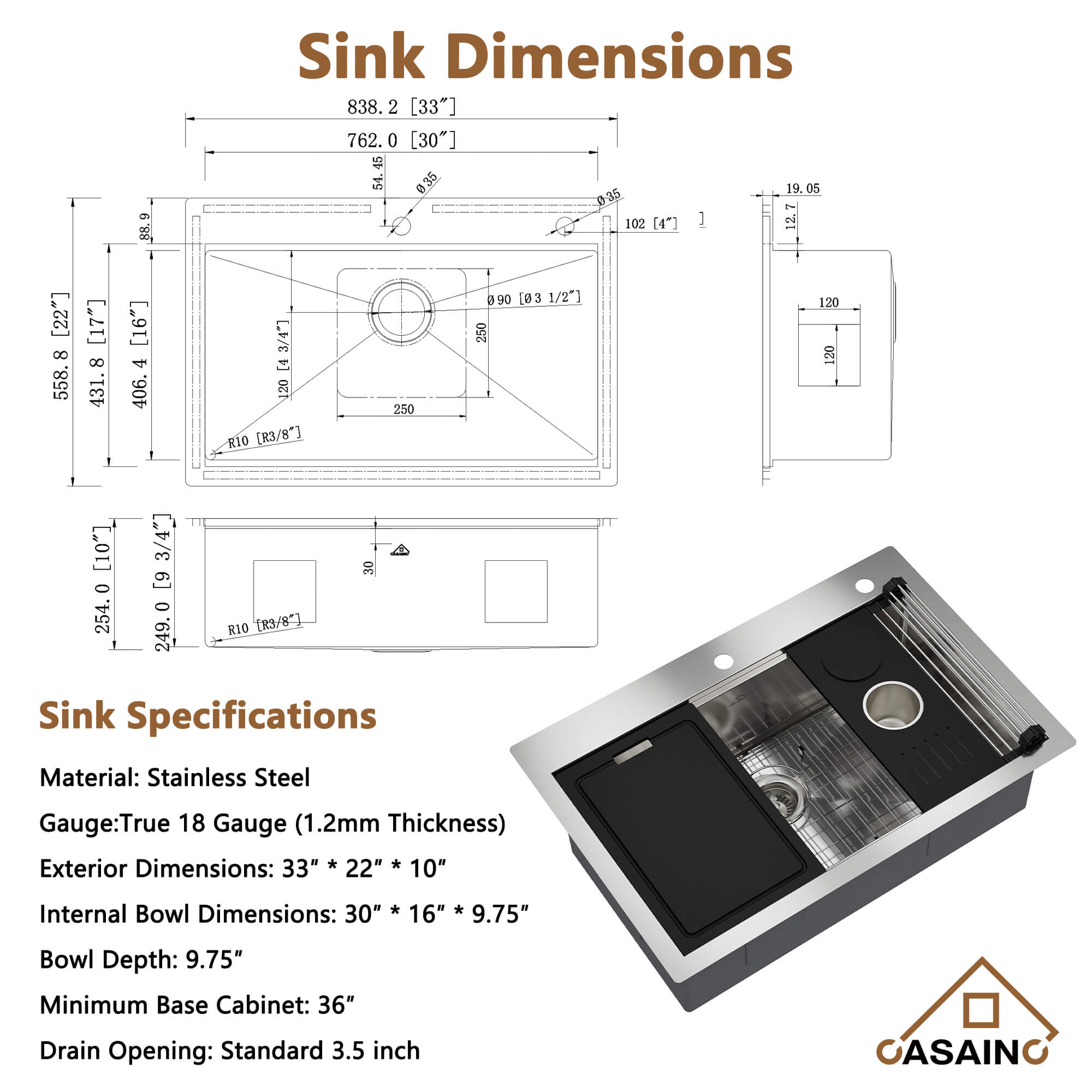 33" Golden R10 Tight Radius Stainless Steel Sink with Drainage Grid, Roll-up Rack, Two-Tiered Basin Design with Noise Reduction, with Scratch-Resistant, Oil-Repellent Surface