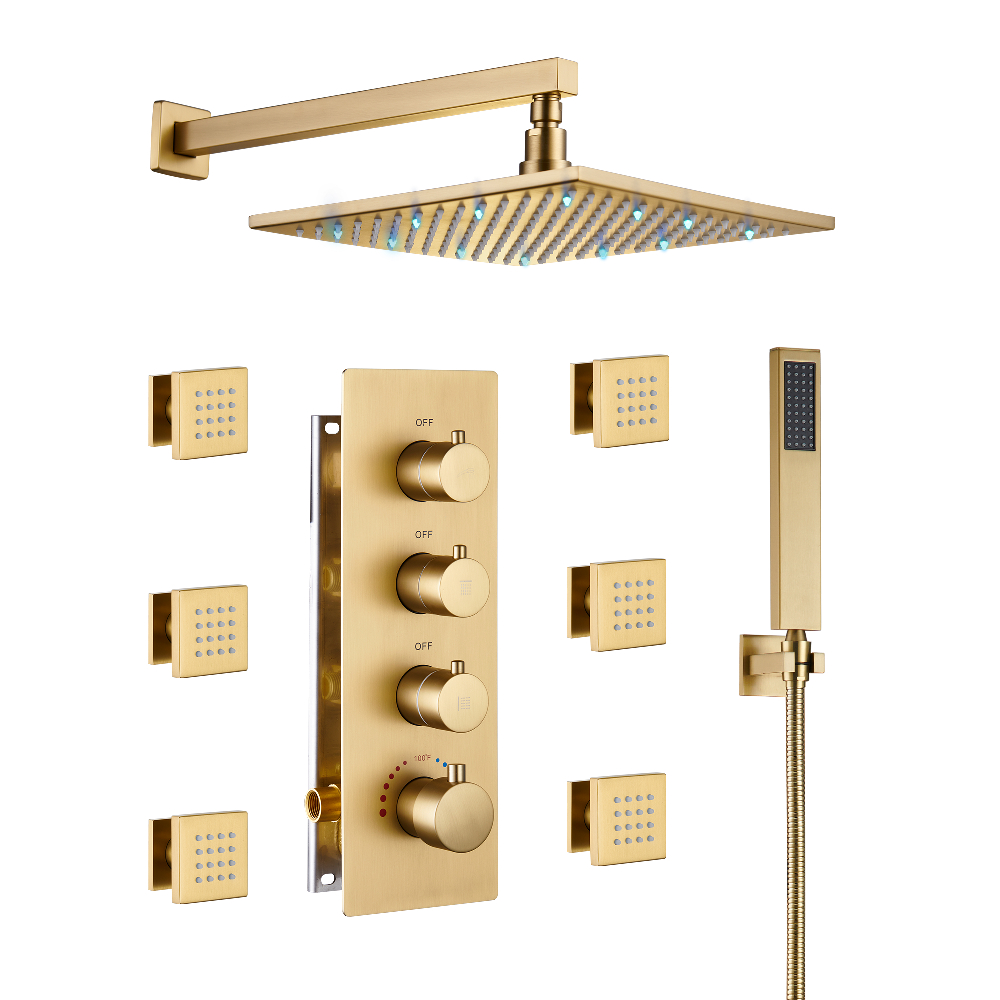 12" Thermostatic LED Shower System Wall-Mount Rain Showerhead with 6 Body Jets