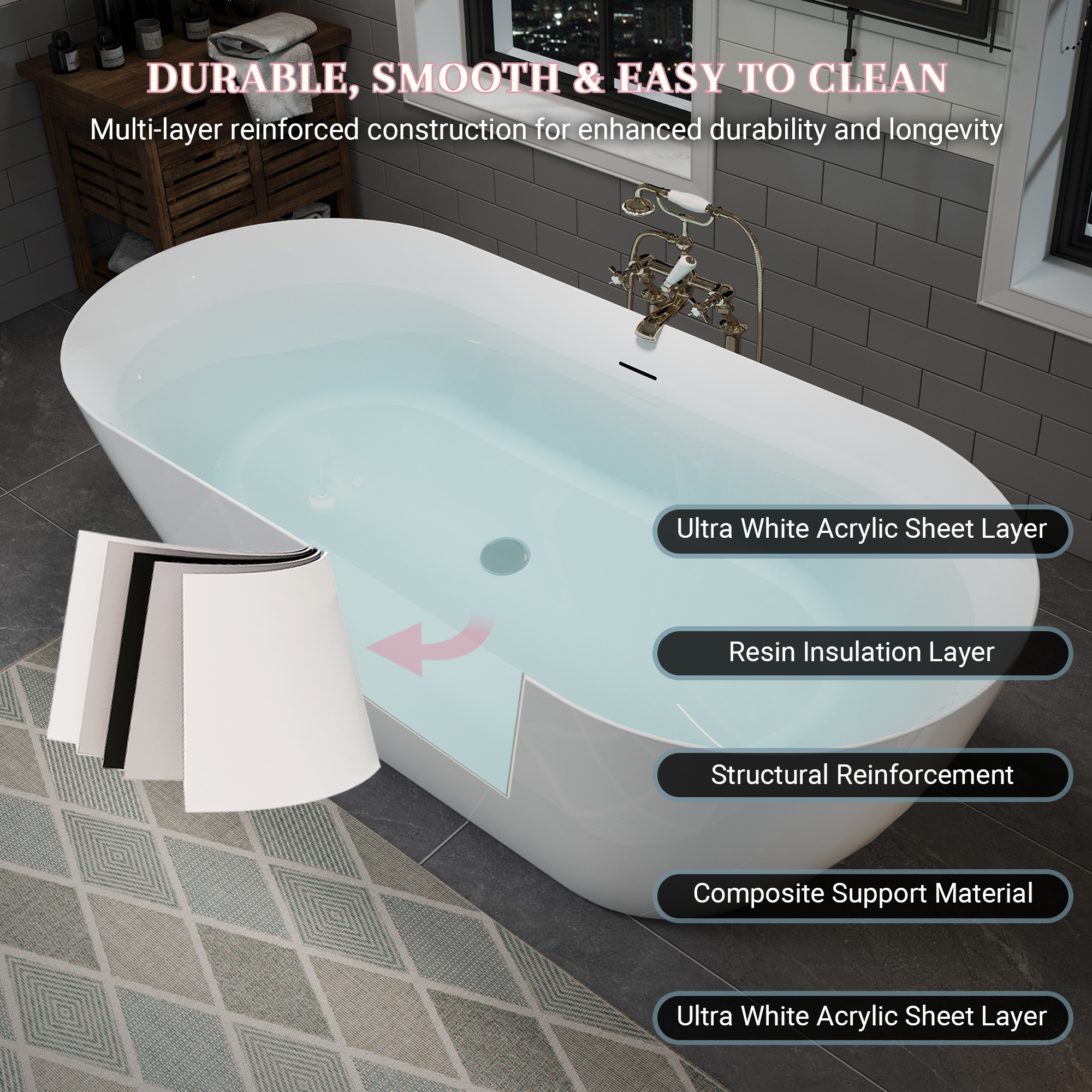 59" Glossy White Acrylic Freestanding Oval Soaking Bathtub with Center Pop-Up Drain and Integrated Overflow