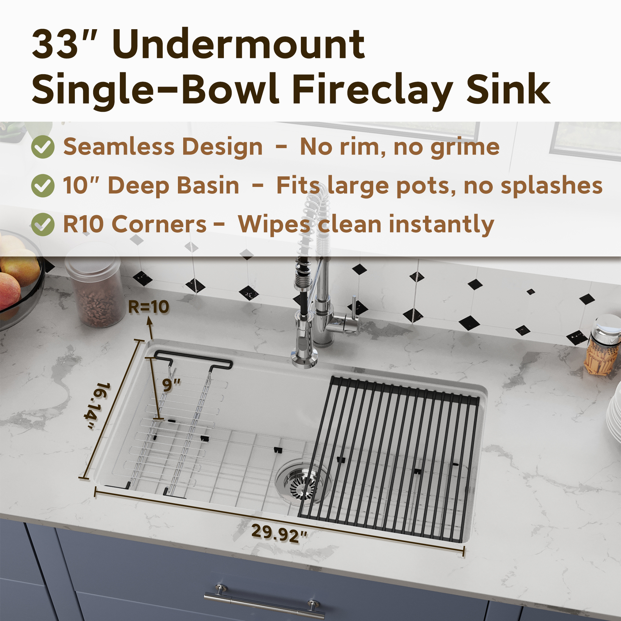 33 Inch White Fireclay Kitchen Sink Undermount Single Bowl with Sleek Glossy Finish