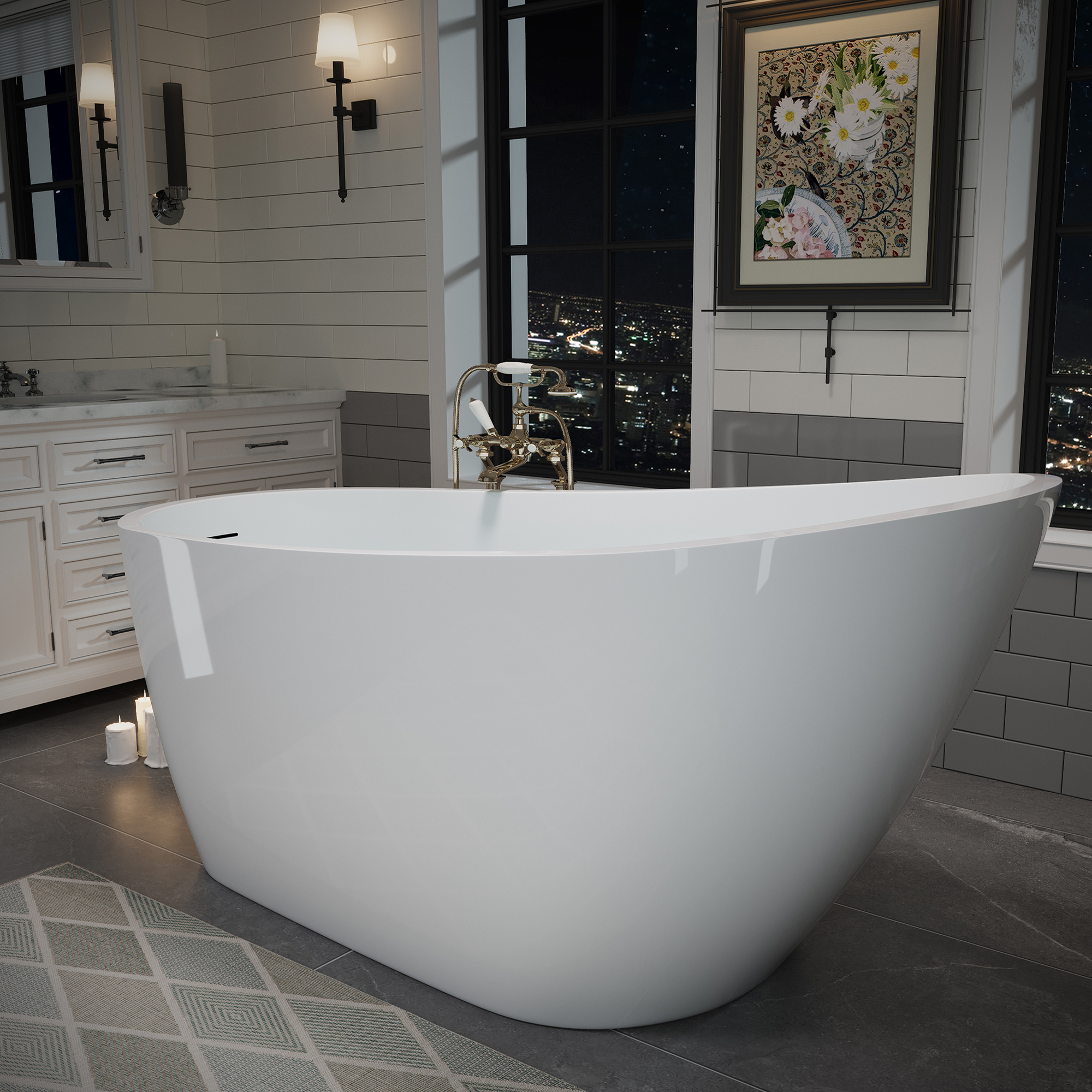 59" Glossy White Acrylic Freestanding Soaking Bathtub with Pop-Up Drain and Integrated Overflow