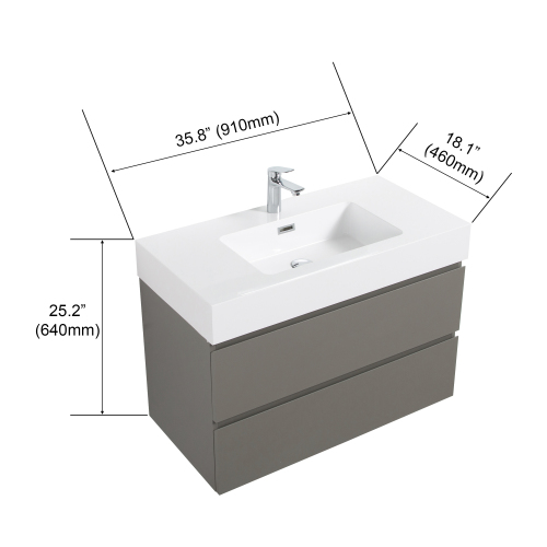 24"/30"/36" Wall-Mounted Gray Bathroom Vanity with White One-Piece Sink Basin