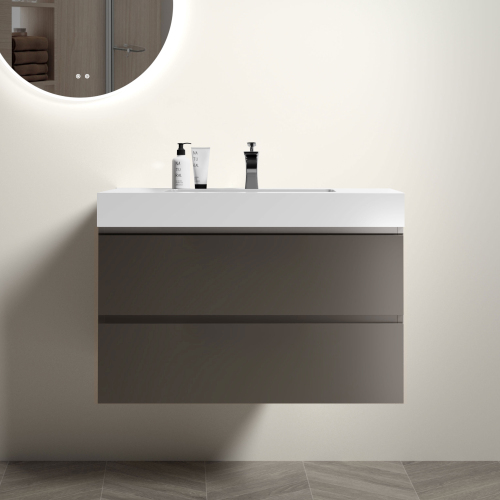 24"/30"/36" Wall-Mounted Gray Bathroom Vanity with White One-Piece Sink Basin