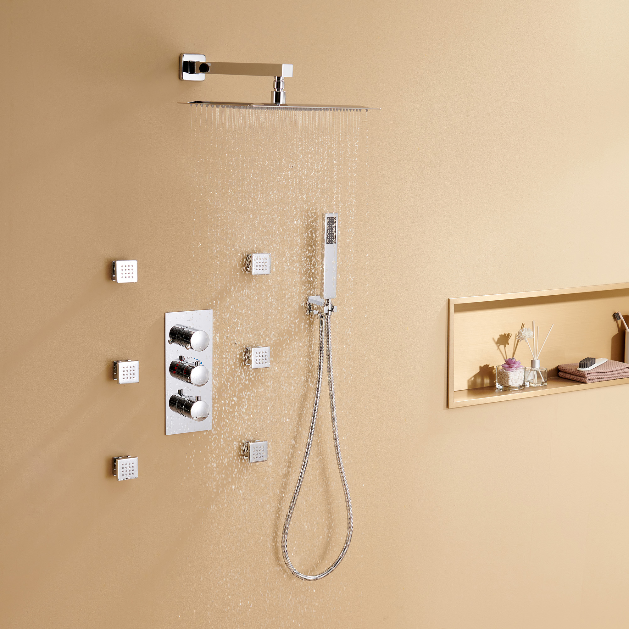 12" Thermostatic Rainfall Shower System with Handheld & Body Jets