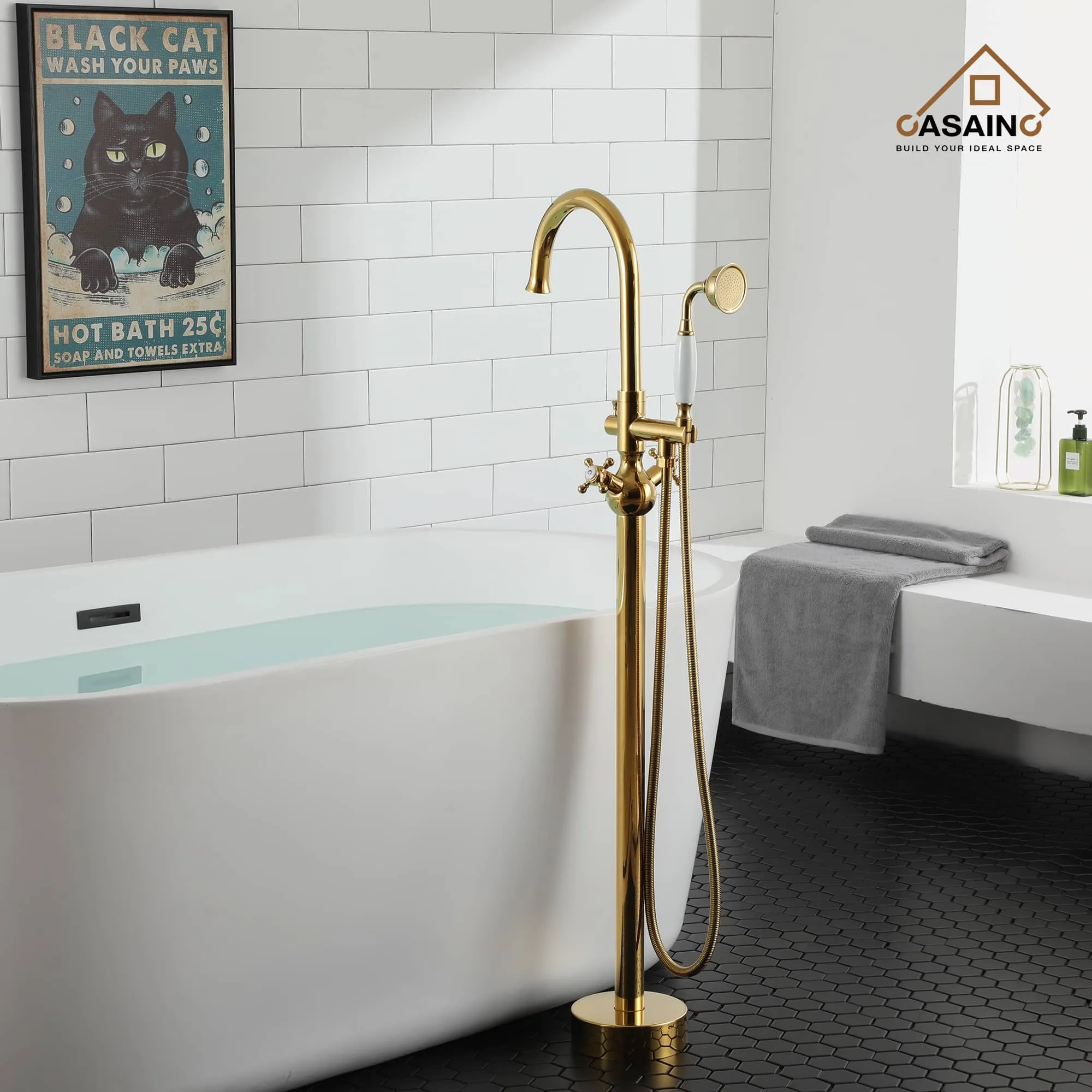 Brushed Gold Freestanding Bath Faucet and Tub in Luxurious Bathroom with Wall Art