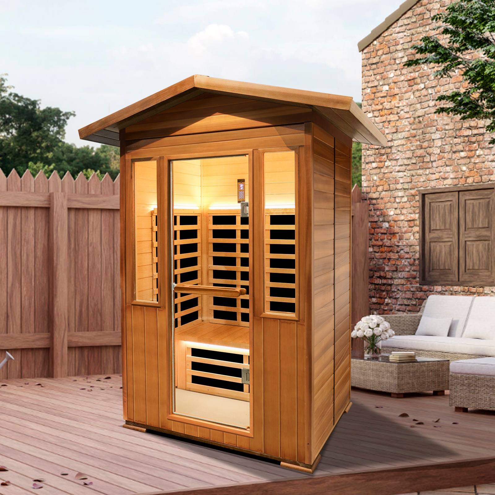Peak Roof Outdoor Red Cedar Infrared Sauna with Bluetooth & Lighting
