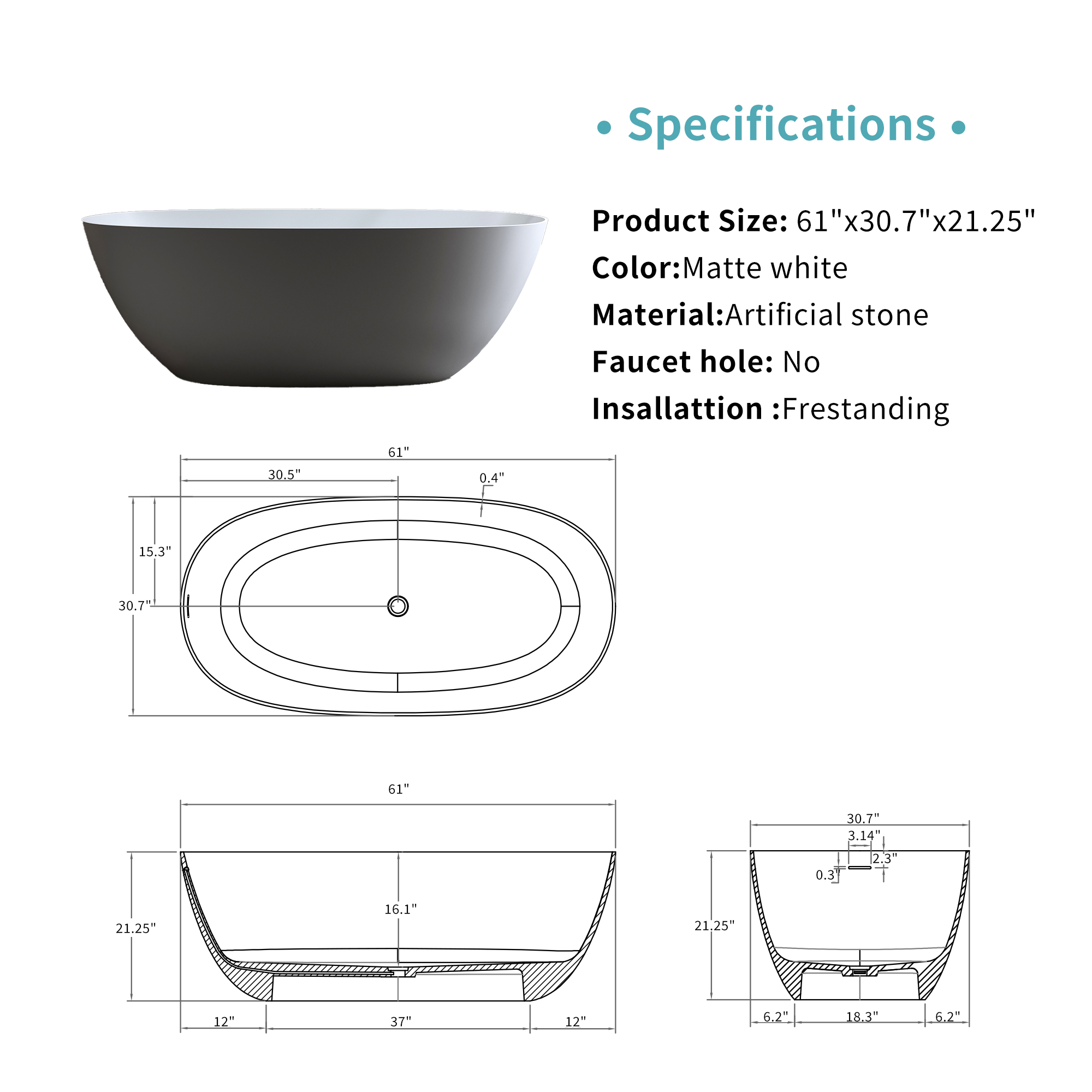 57"/61"/65"/69" Luxury Stone Resin Freestanding Soaking Bathtub in Hand-Polished Finish