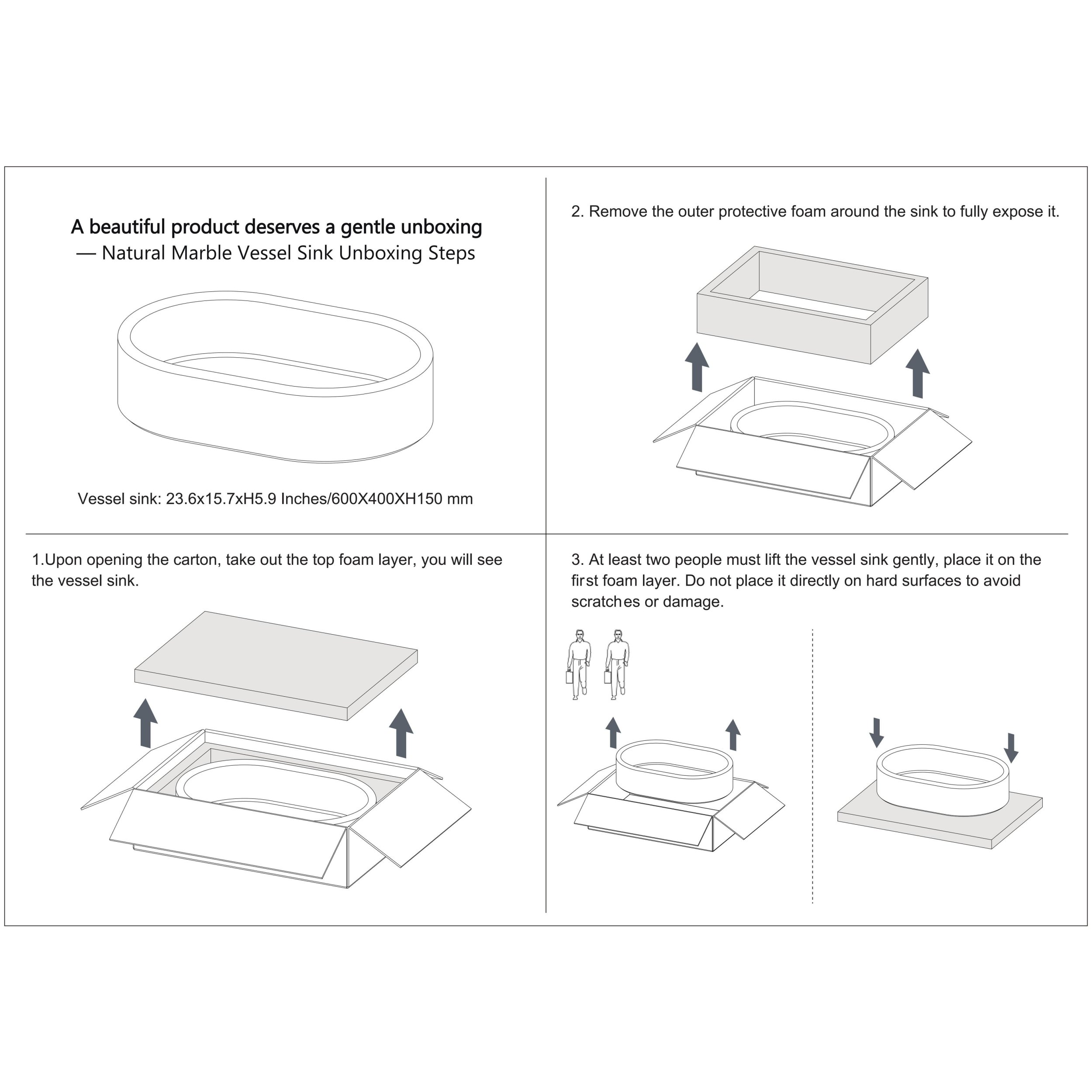 23.6" Natural Marble Vessel Sink with Polished Finish – Real Stone Bathroom Basin in  Beige Gold/White Natural/Gray/Green