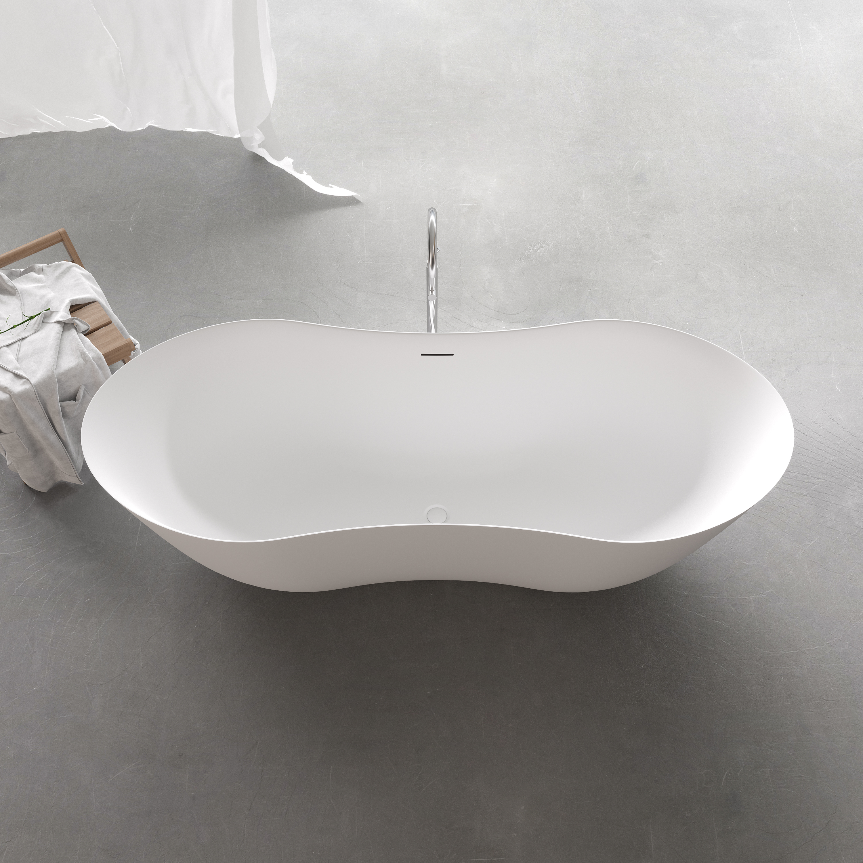 67" Peanut-Shaped Freestanding Solid Surface Bathtub for Two with Overflow & Pop-Up Drain