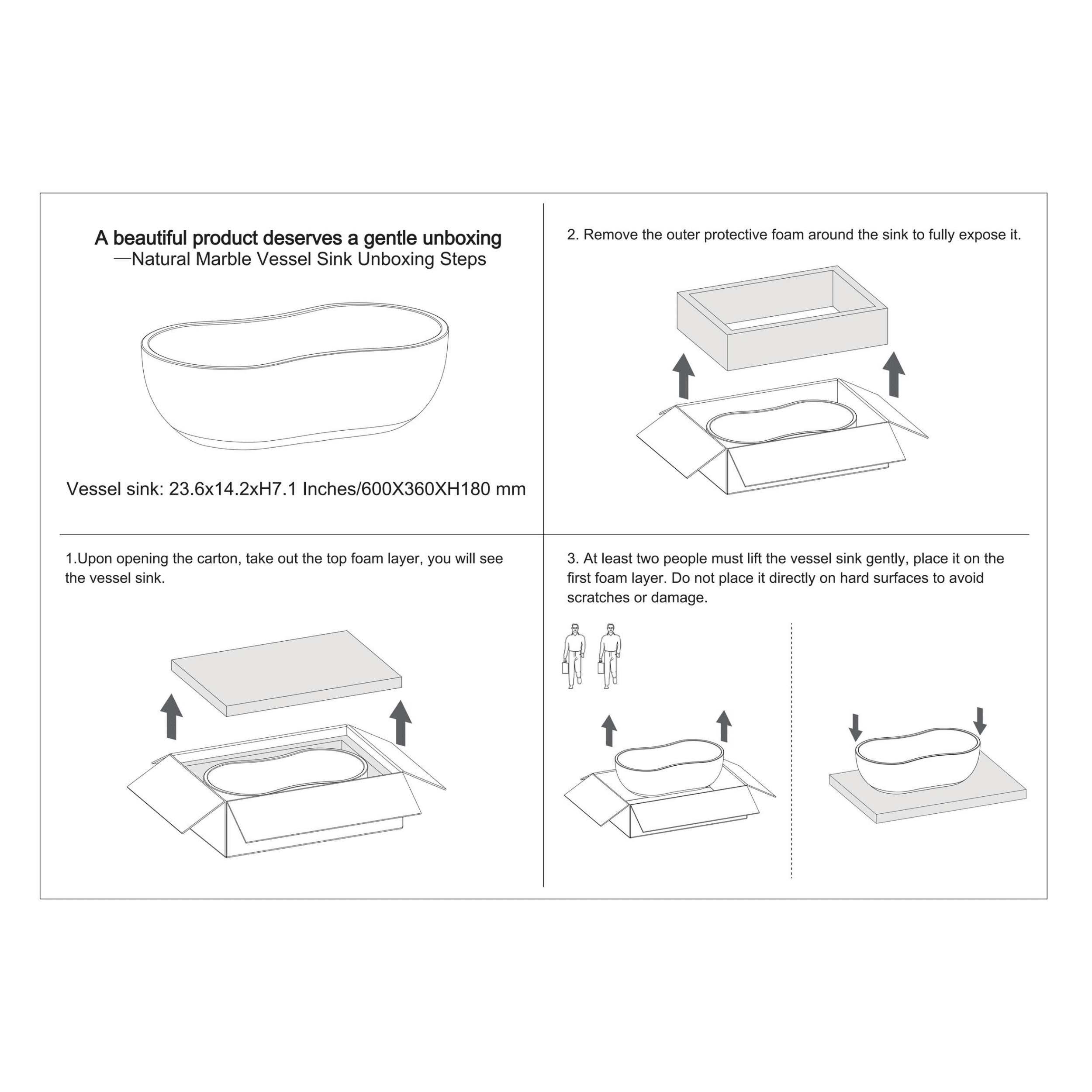 23.6” Genuine Natural Marble Vessel Sink – polished surface in Beige/White/Gray/Green