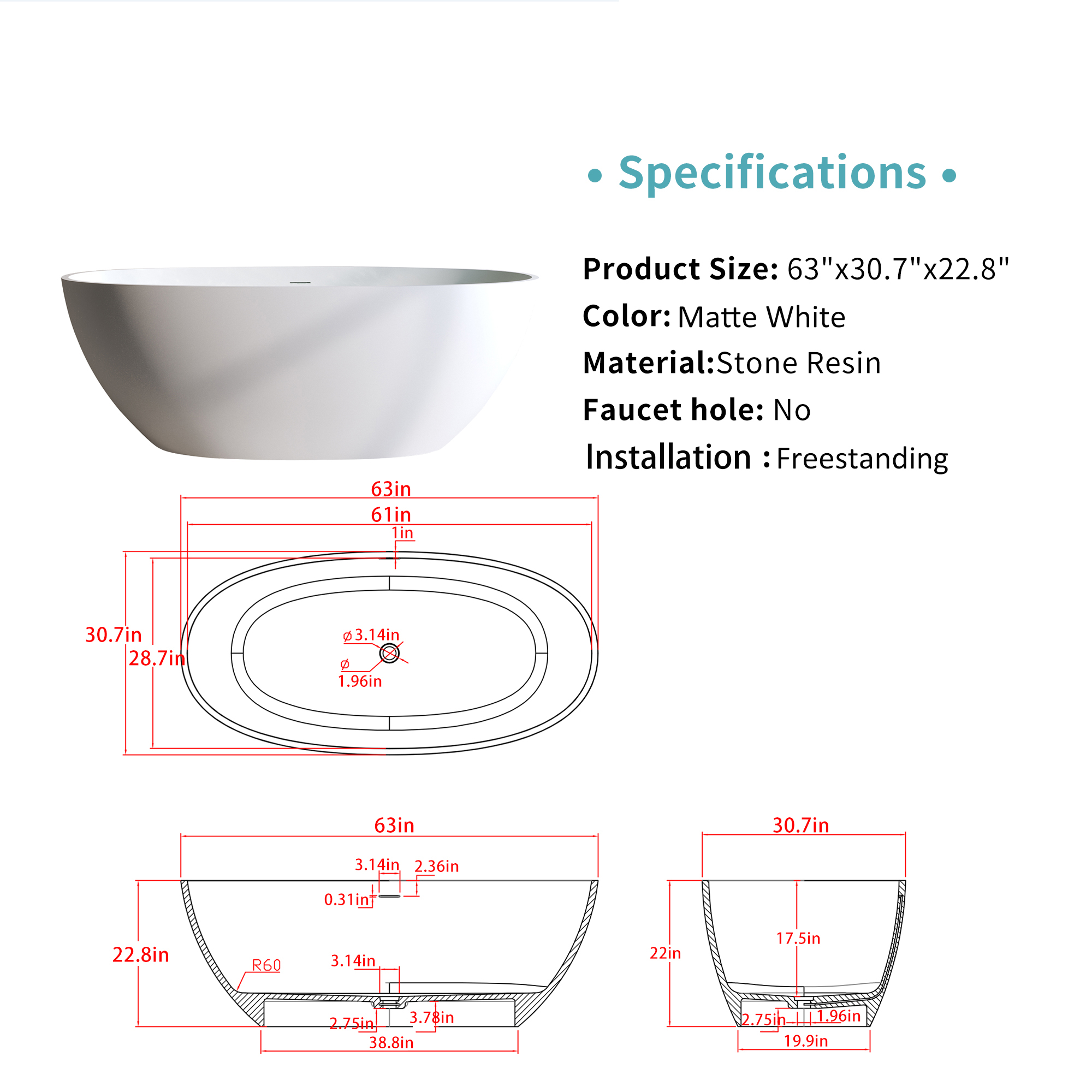 55"/59"/63"/67"/71" Freestanding Solid Surface Soaking Bathtub with Smooth Matte Finish