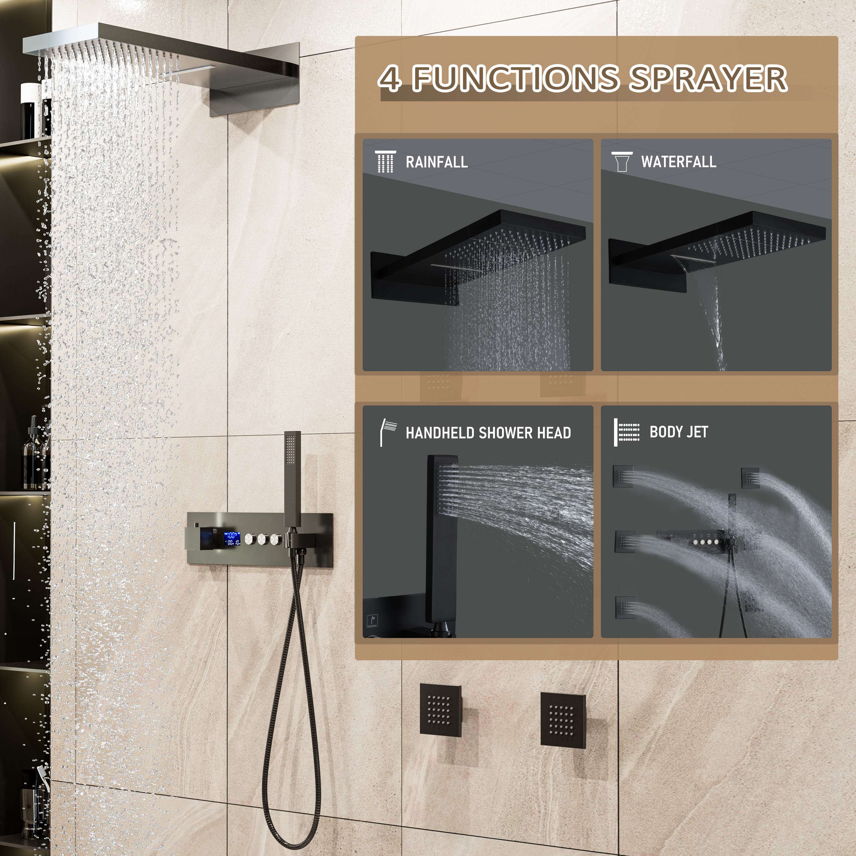 22*9 inch 4-Function Thermostatic Shower System with Digital Display and 6 Body Jets