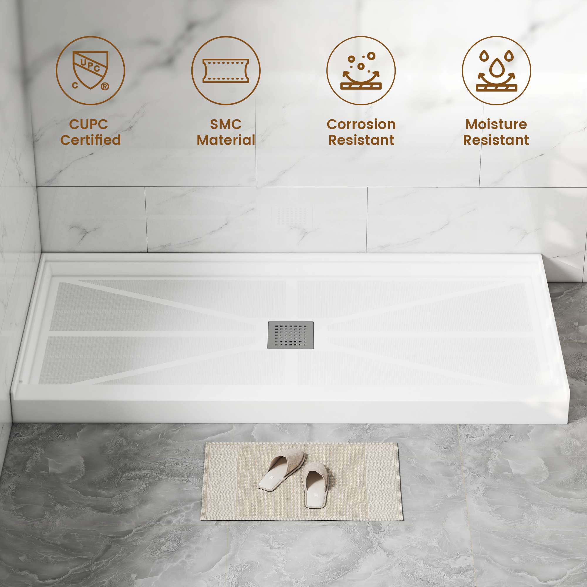 Rectangle SMC White Shower Pan Base with Center Drain