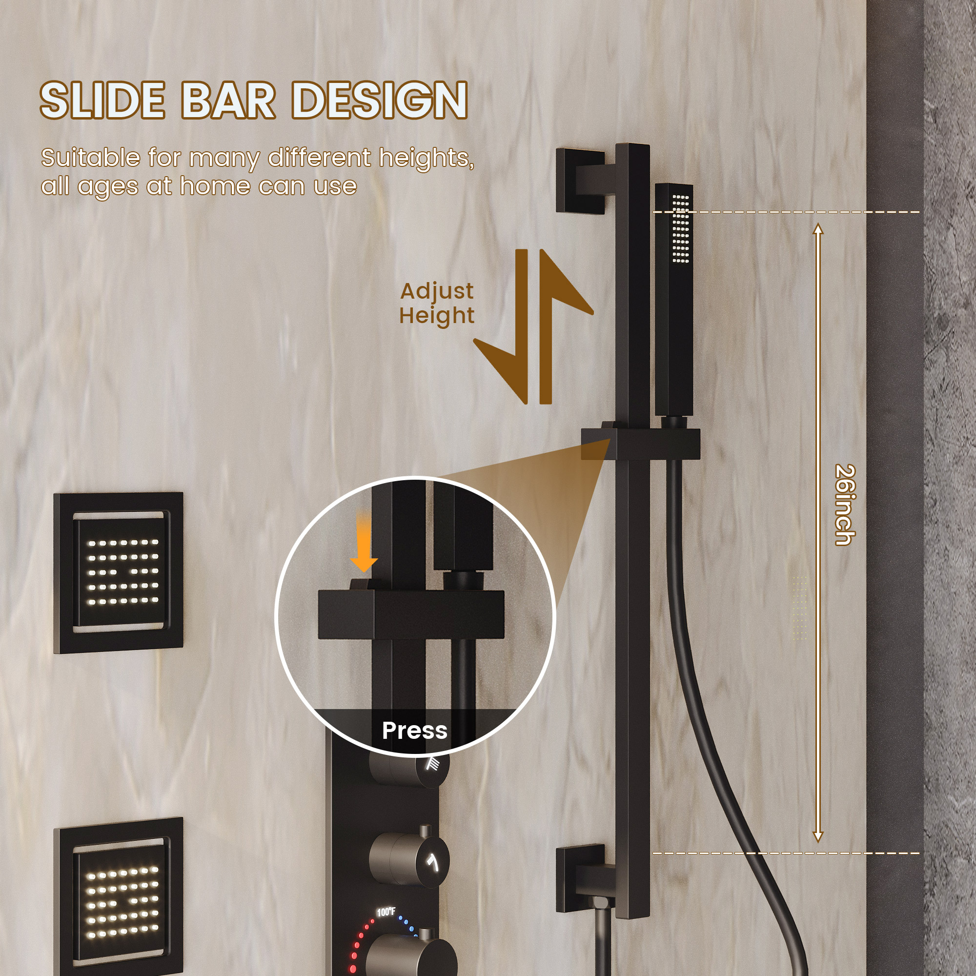 32*16 inch 3-Function Thermostatic Shower System with Body Jets