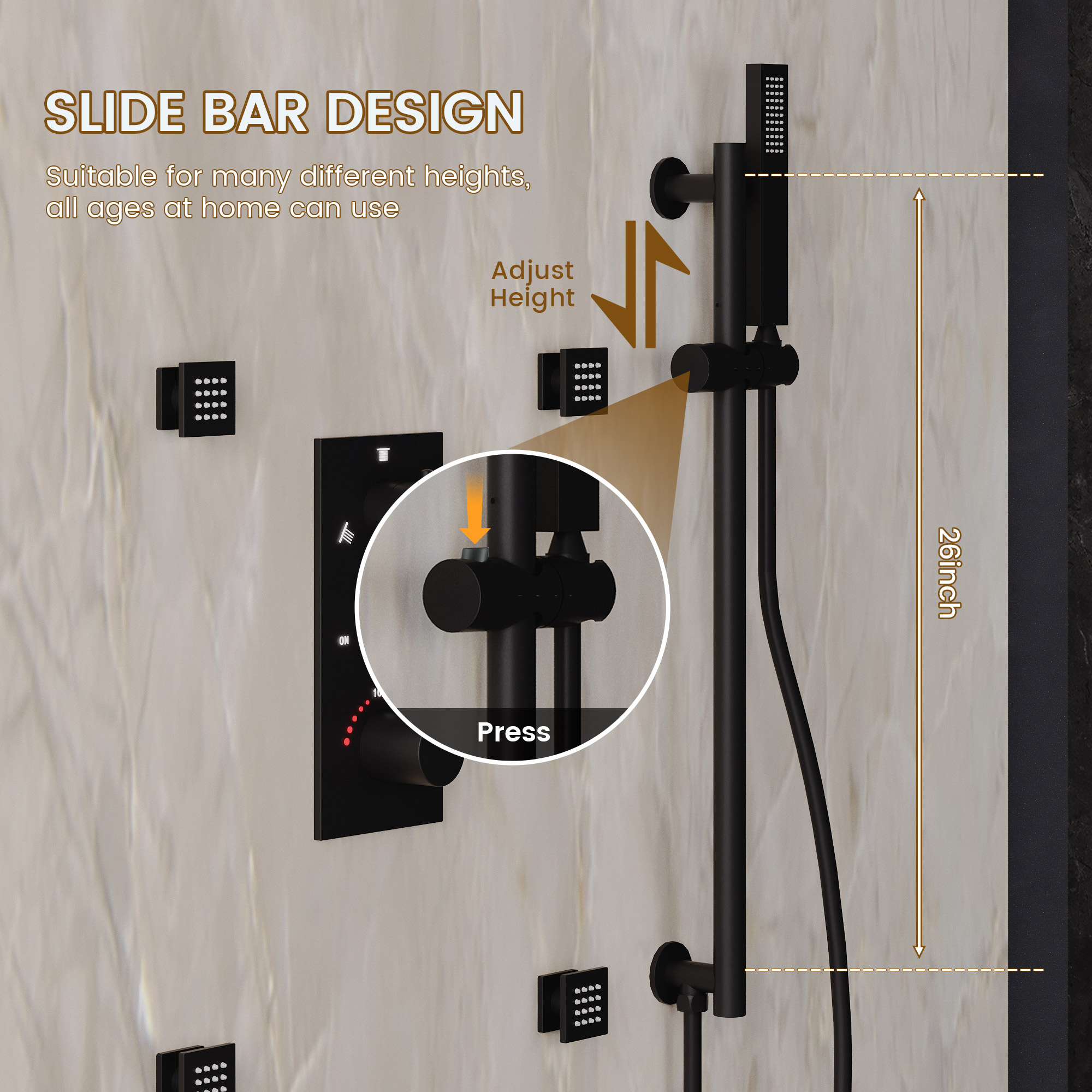 12-inch 3-Function Thermostatic Rain Shower System with Body Jets & Slide Bar