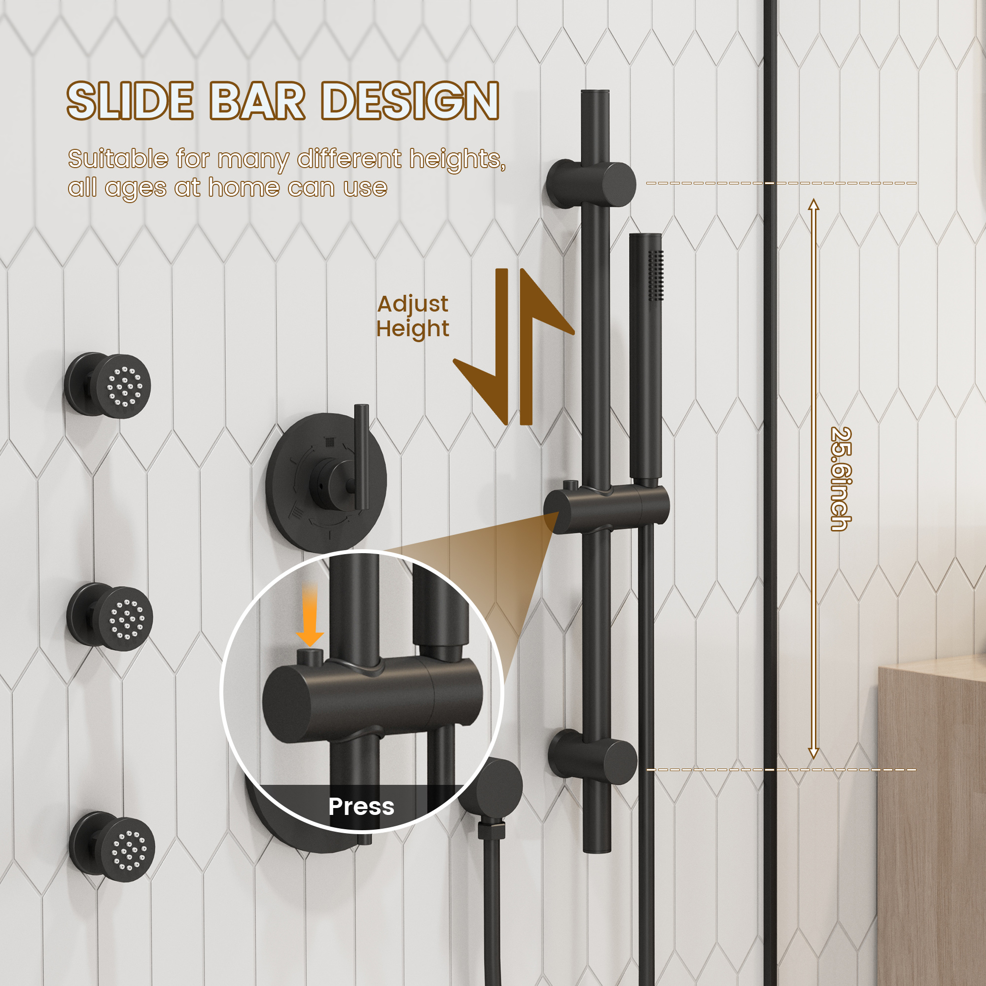 10-inch Wall-Mounted Rain Shower System with Body Jets & Slide Bar