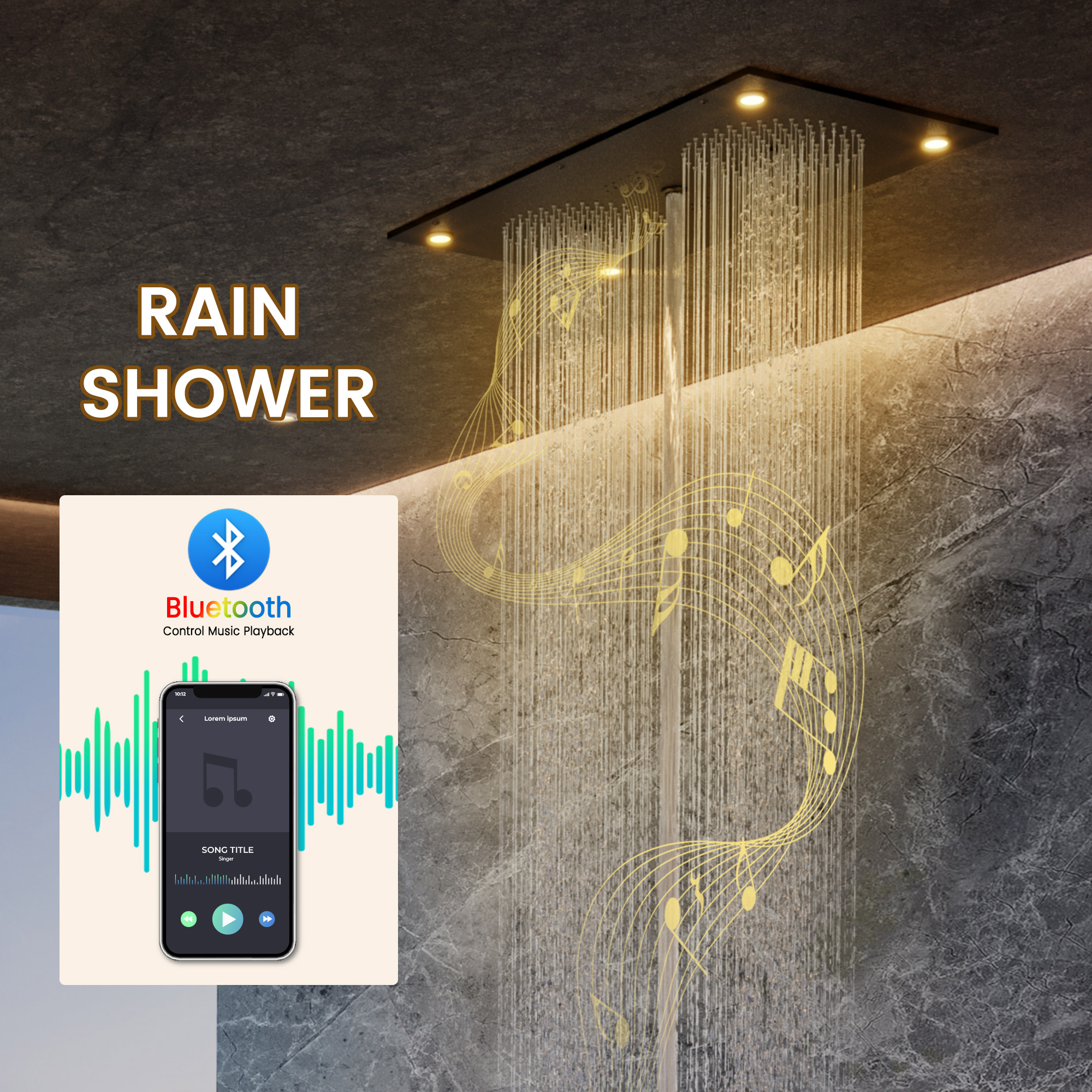 28*15 inch 4-Function Thermostatic Shower System with LED Lights & Bluetooth