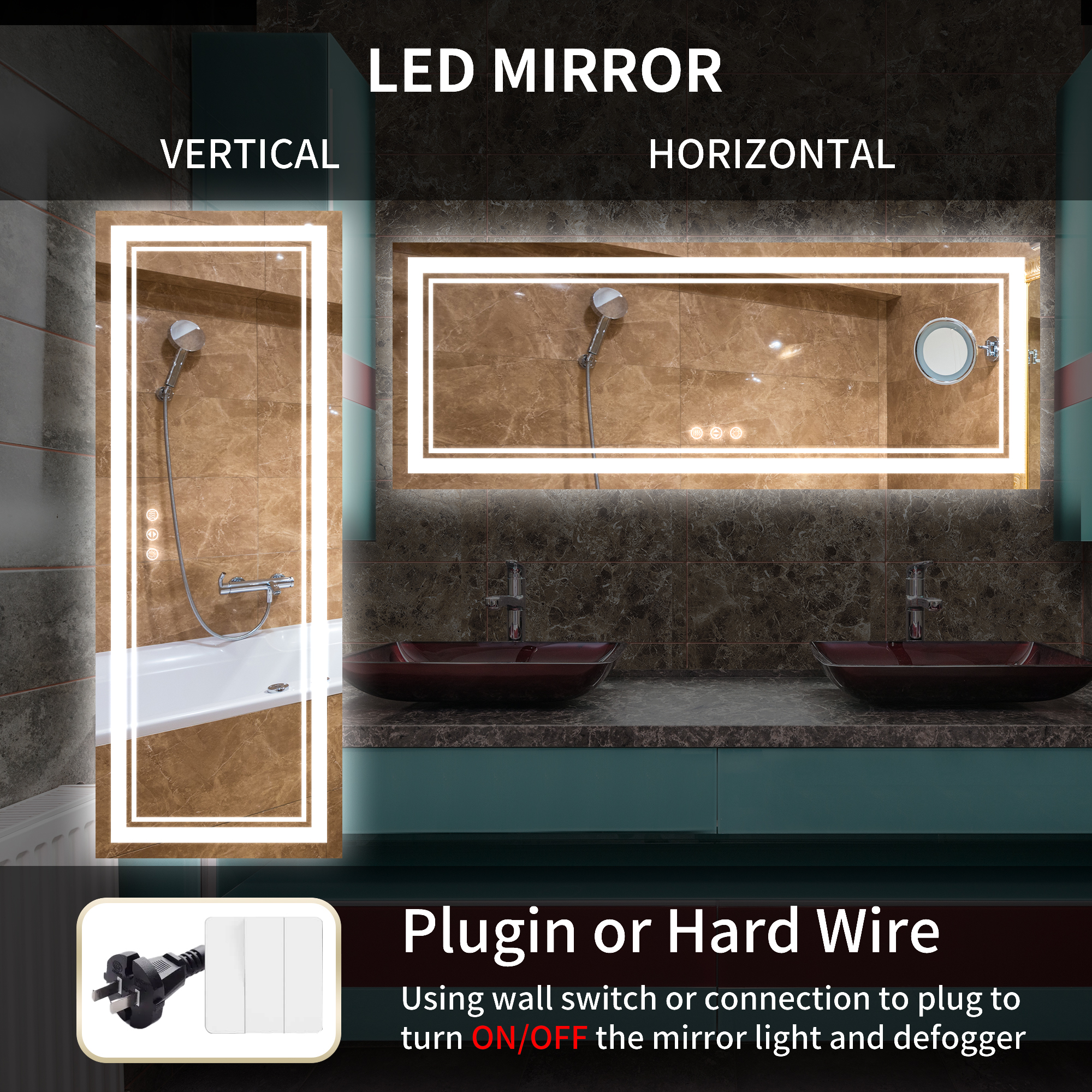 Rectangular Frameless LED Bathroom Mirror with Anti-Fog & Adjustable Color