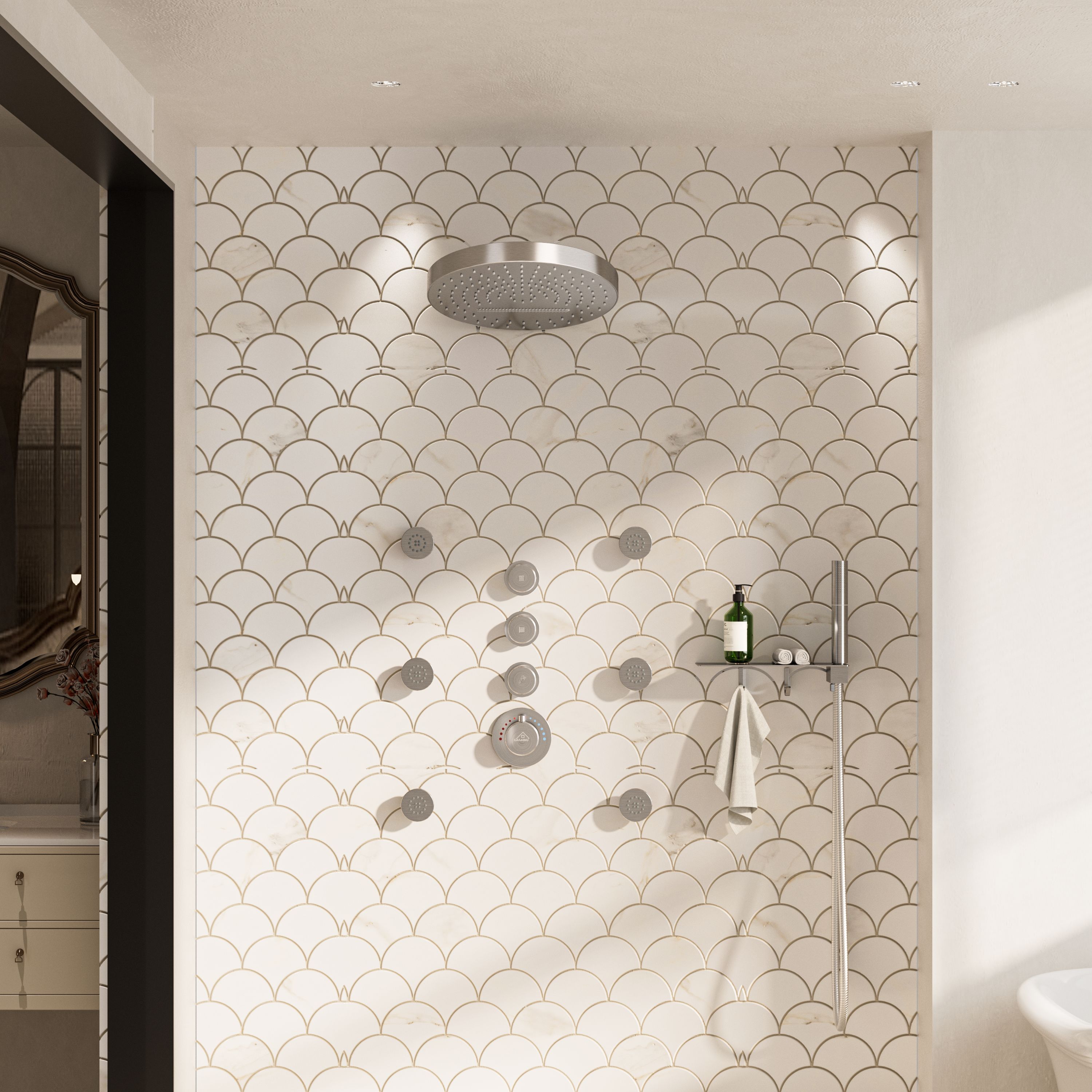 12" Adjustable Shower Head With Shelf Shower System, Hand Shower With Spray Gun Function