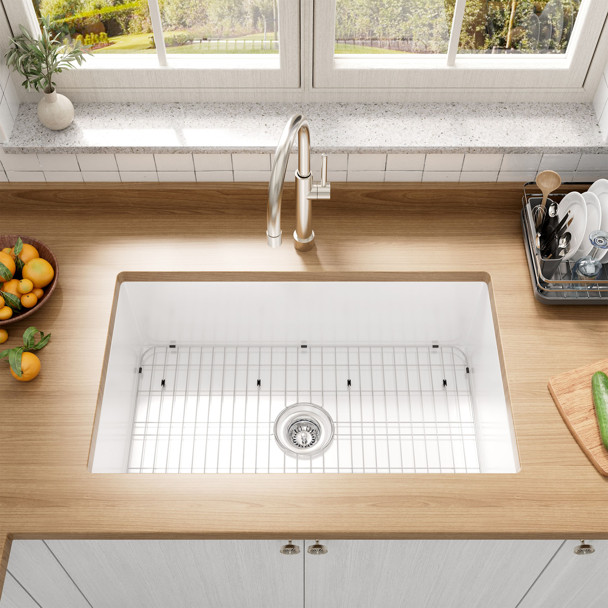 32 in. Undermount Single Bowl Fireclay Kitchen Sink with Grid and Drainer
