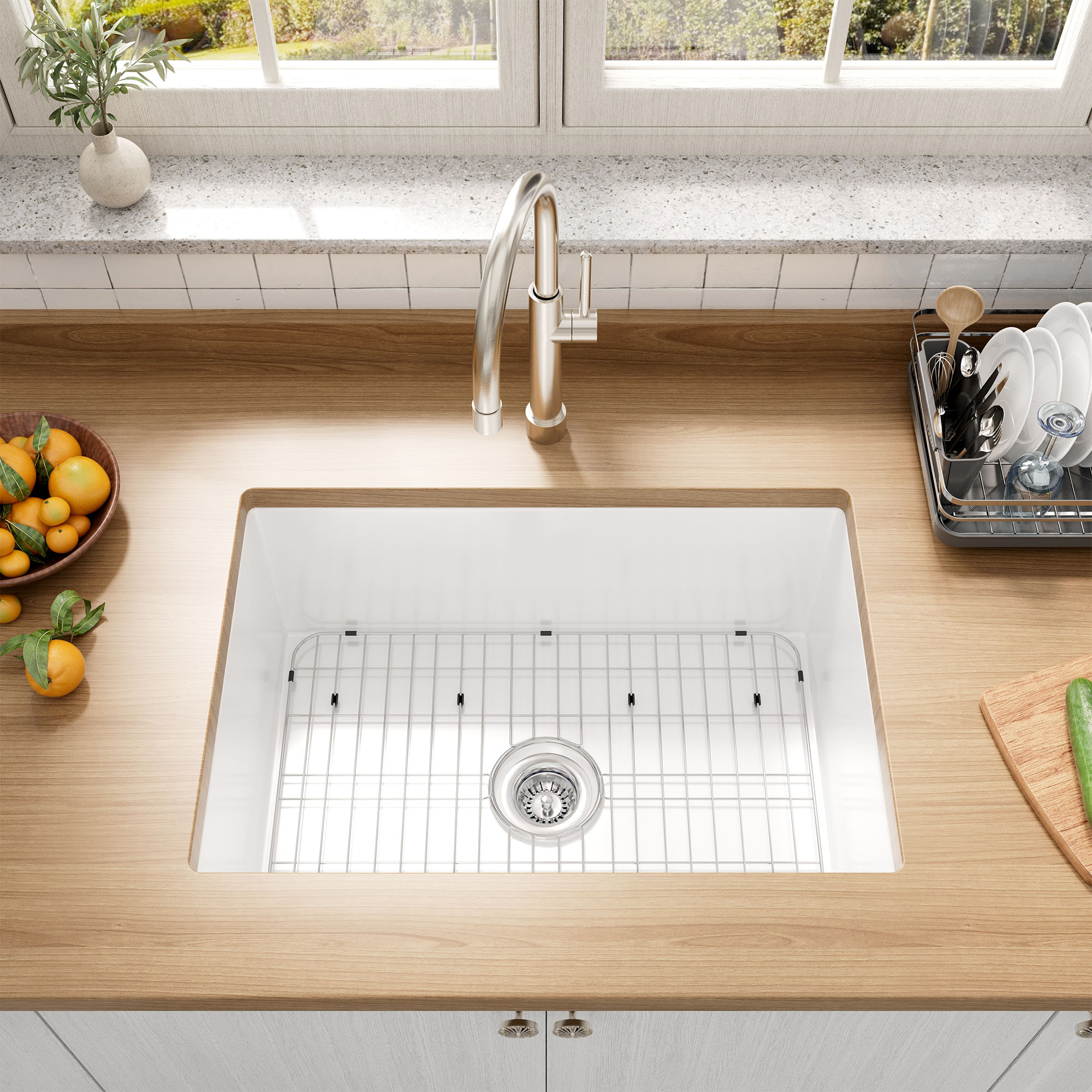 27in Undermount Single Bowl Fireclay Kitchen Sink with Grid & Drainer