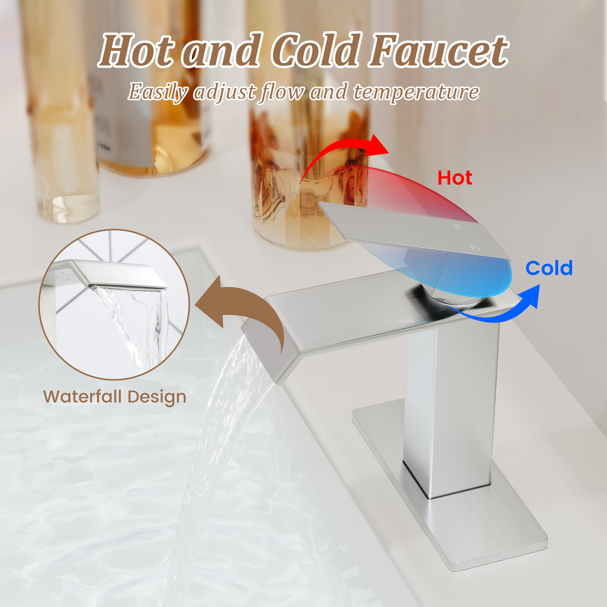 Waterfall Spout Bathroom Faucet,Single Handle Bathroom Vanity Sink Faucet